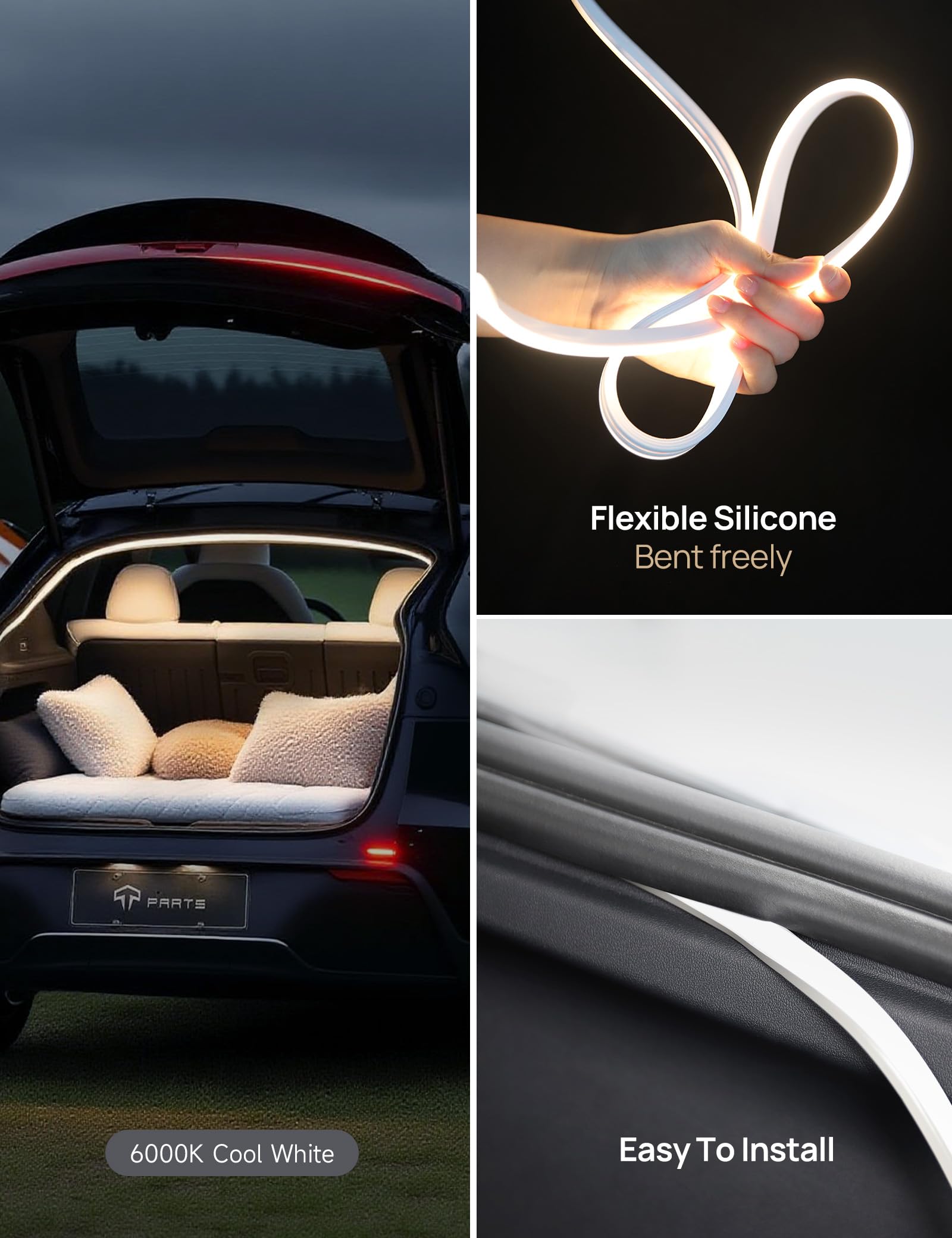 TPARTS Trunk LED Light Strip for Tesla Model Y, Silicone, Dual-Color Switchable, Warm & Cool White, Model TP331-1, Size MY 20-25+