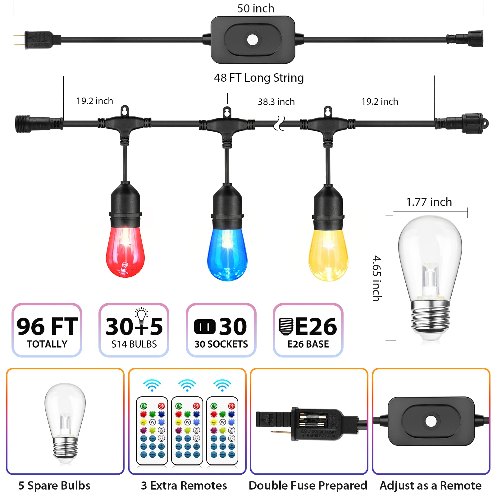 Mlambert 2 Pack 48FT Outdoor RGB Cafe String Lights, 30+5 E26 Shatterproof Bulbs, Dimmable, Black