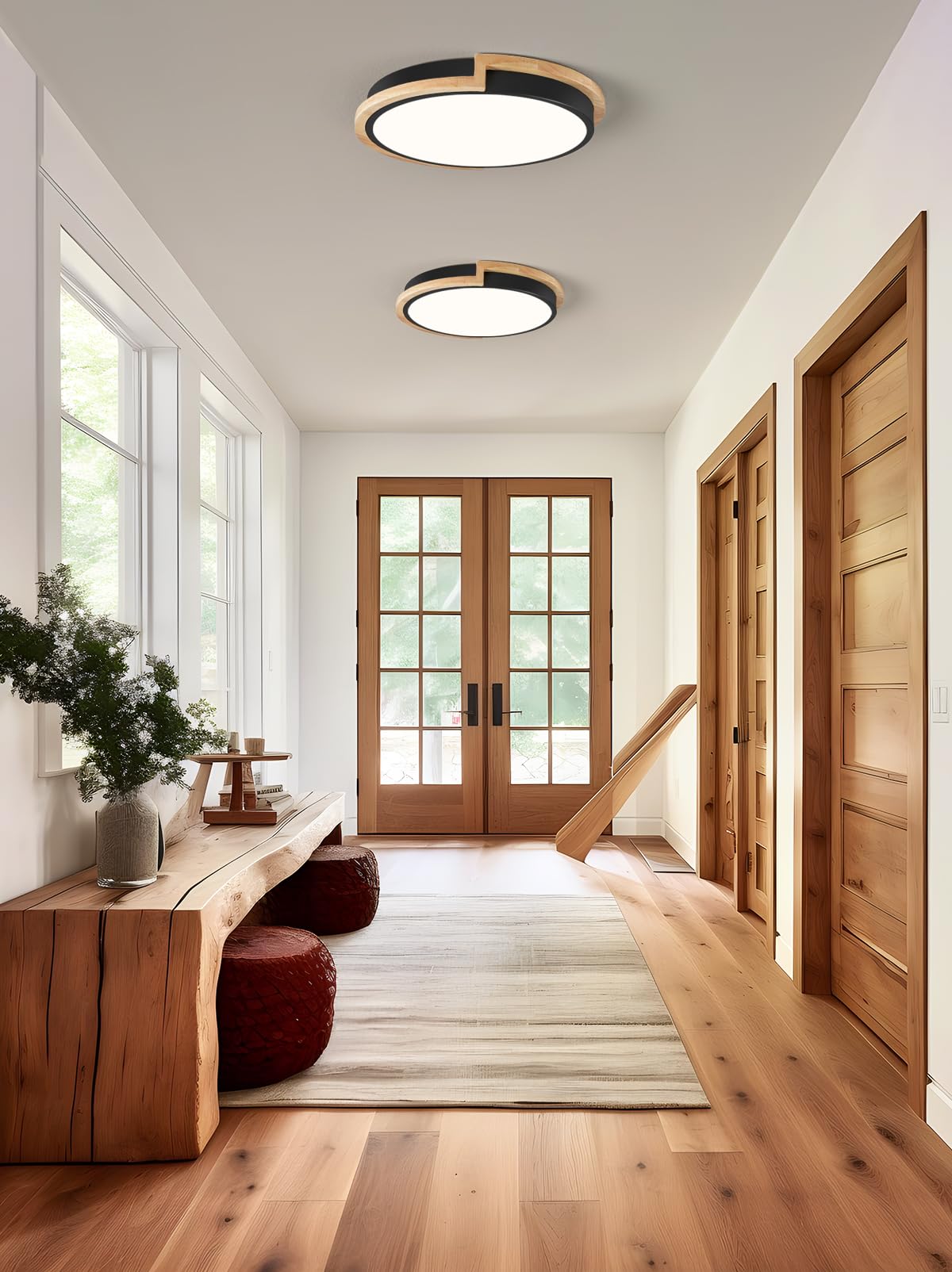 Peblto Modern Led Close To Ceiling Light, Round Shape Flush Mount Ceiling Light Fixture, Matte Black With Wood Accent, Minimalis