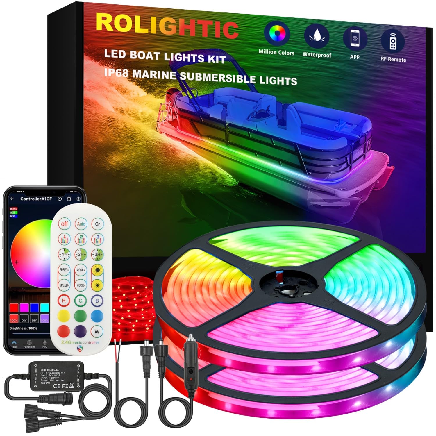 ROLiGHTiC Marine LED Strip Lights, 50FT IP68 Waterproof RGB Underwater Lights for Boats, Model SH305U489U, Multicolor