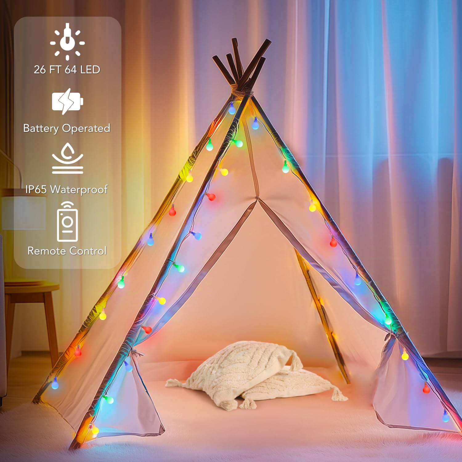 Tasodin Mini Globe String Lights, 64 LED, Battery Operated with Remote, 26 FT, Multicolor, Model YBL-002