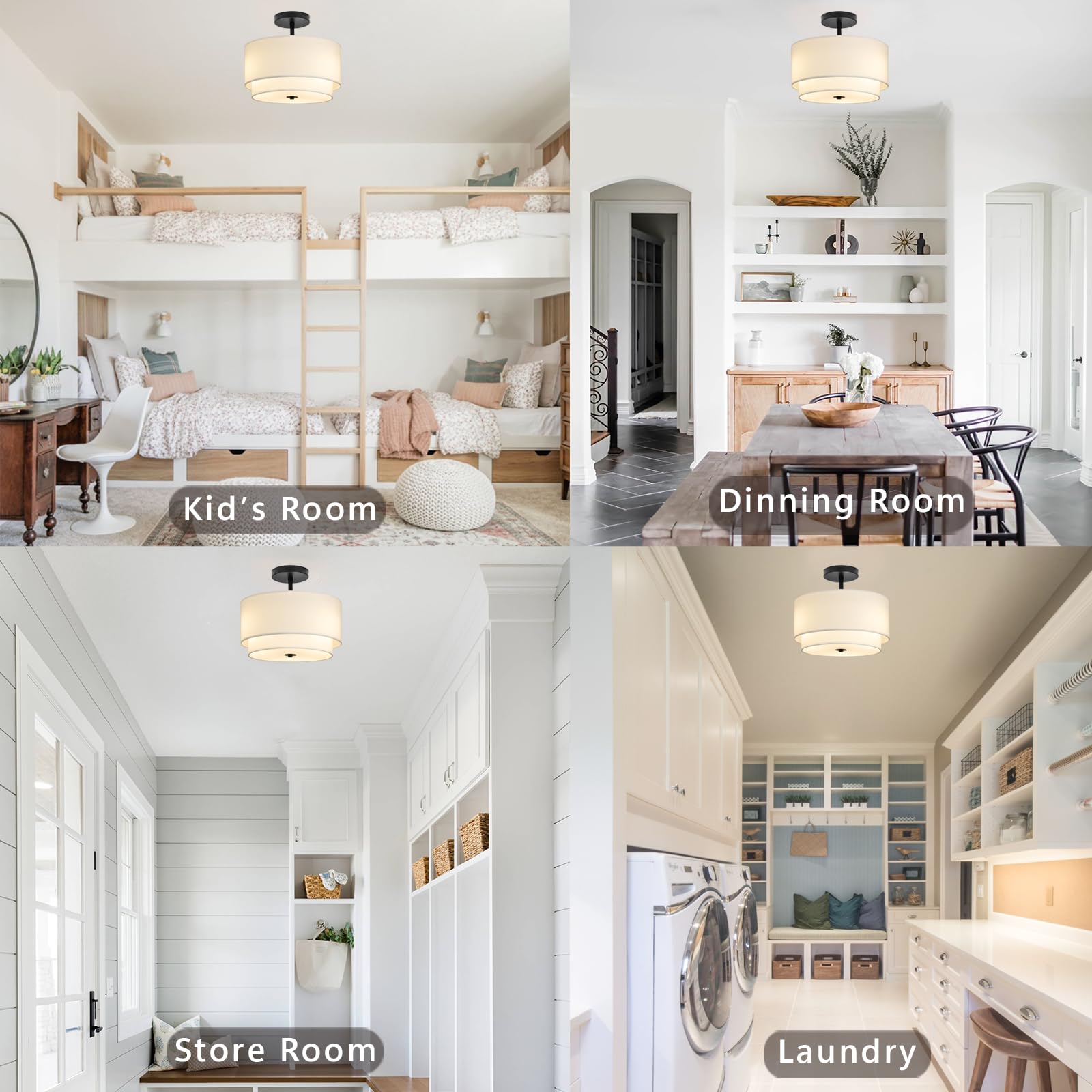 Vexagyle 3-Light Semi Flush Mount Ceiling Light Fixture,12.6Inch Modern Close To Ceiling Light With 2-Layer White Drum Fabric Sh