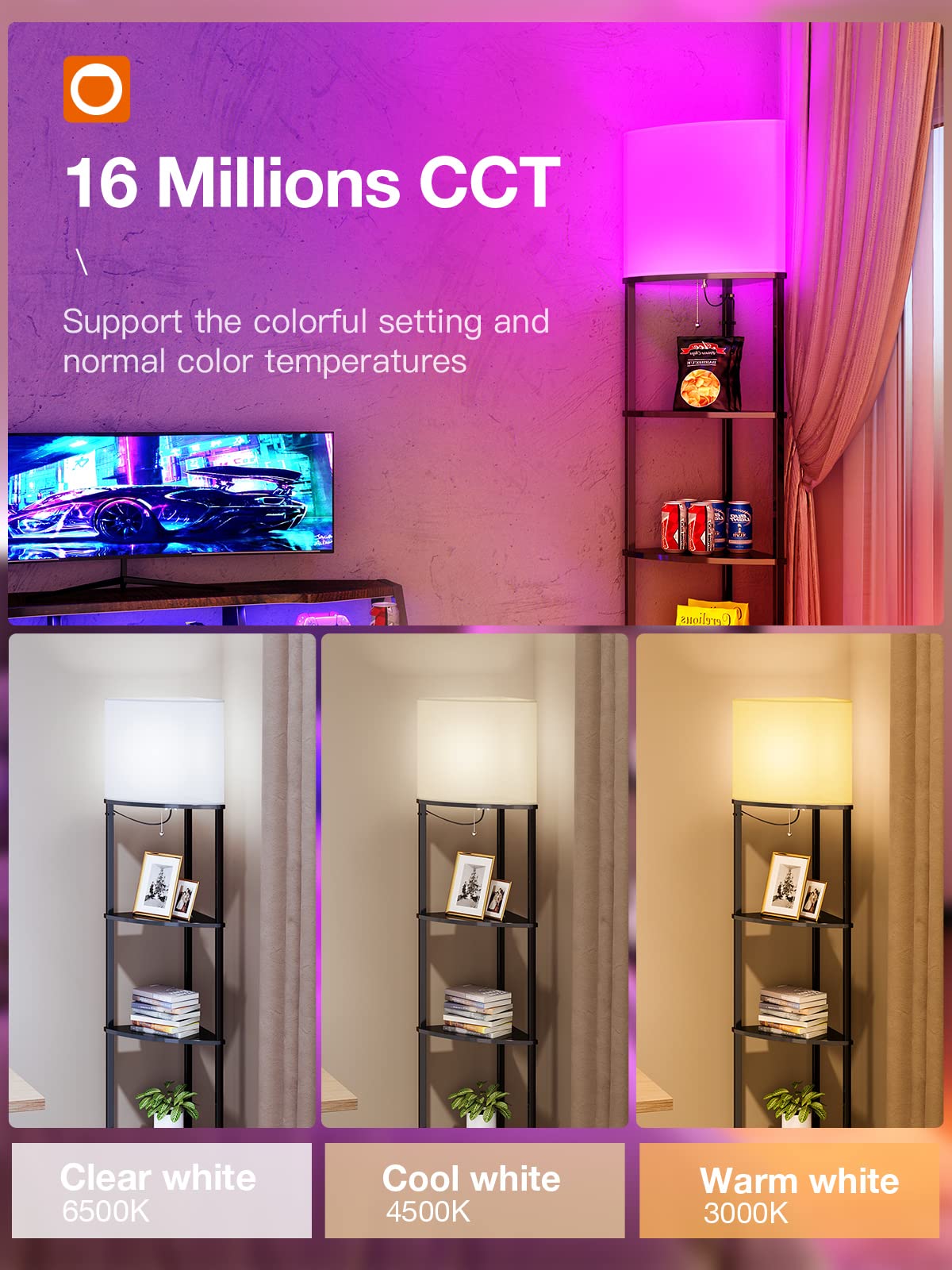 addlon Smart 5-Tier Shelf Floor Lamp with RGB Bulb, Black - Corner Display Lamp for Living Room, Bedroom, Office, Model FLAD003