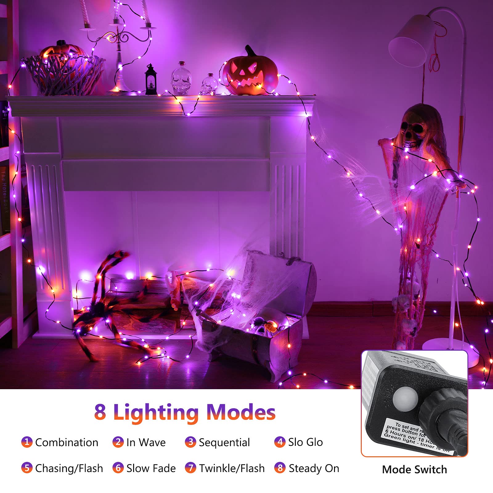 Brizled Orange & Purple Halloween String Lights - 72Ft 200 Led Outdoor Connectable  8 Modes  Indoor Tree Black Wire For Party Haunted House Decor