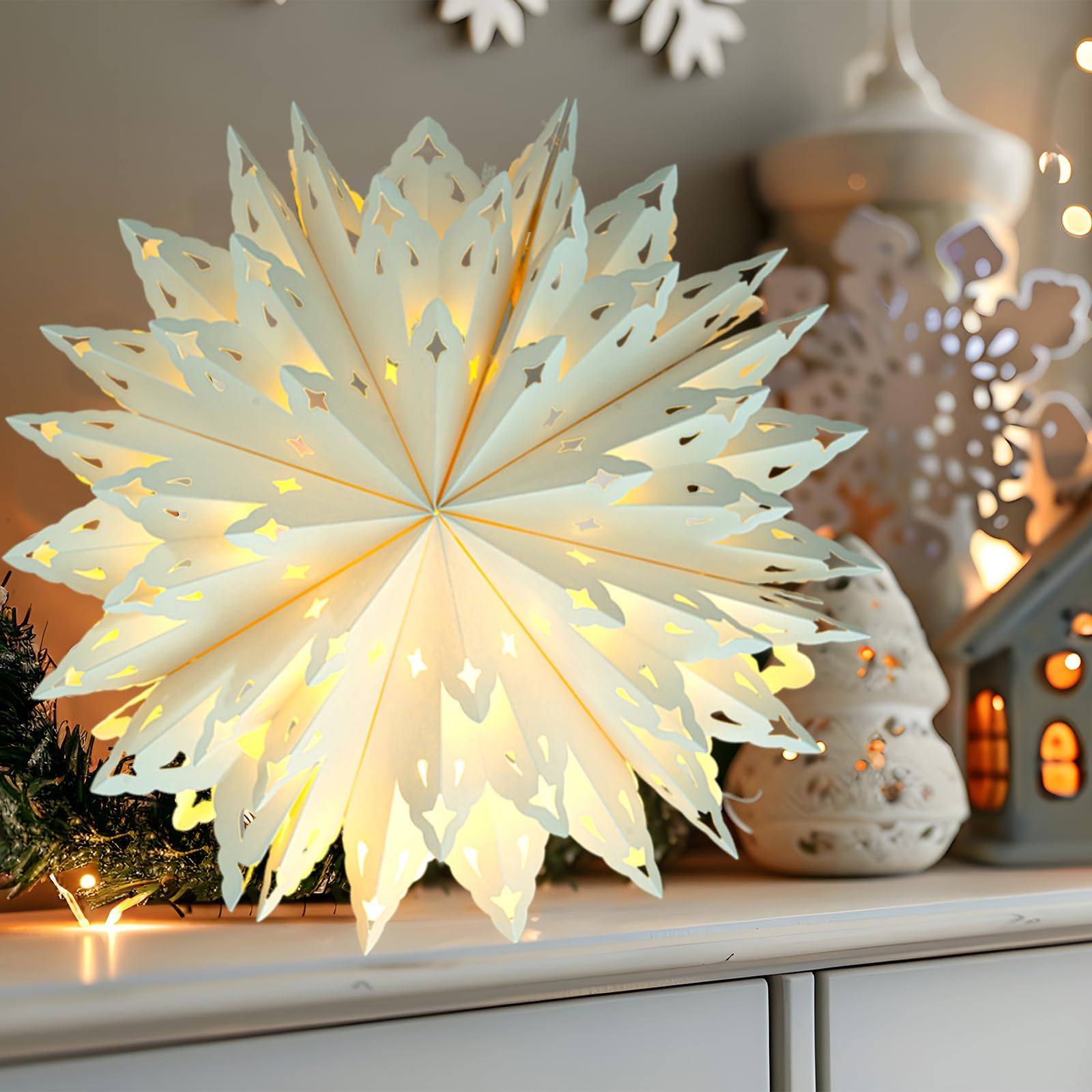 OuMuaMua 5 Pack Christmas Paper Snowflake Lanterns, White LED Hanging Lamps for Holiday Party Decorations, Model GSD001