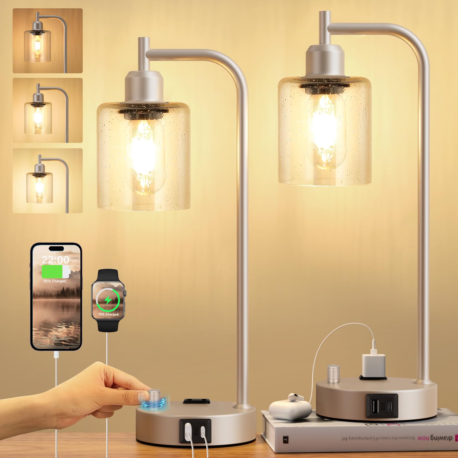 Industrial Table Lamps For Bedrooms Set Of 2 - Fully Dimmable Bedside Lamps With Usb Ports And Outlet, Champagne Gold Nightstand