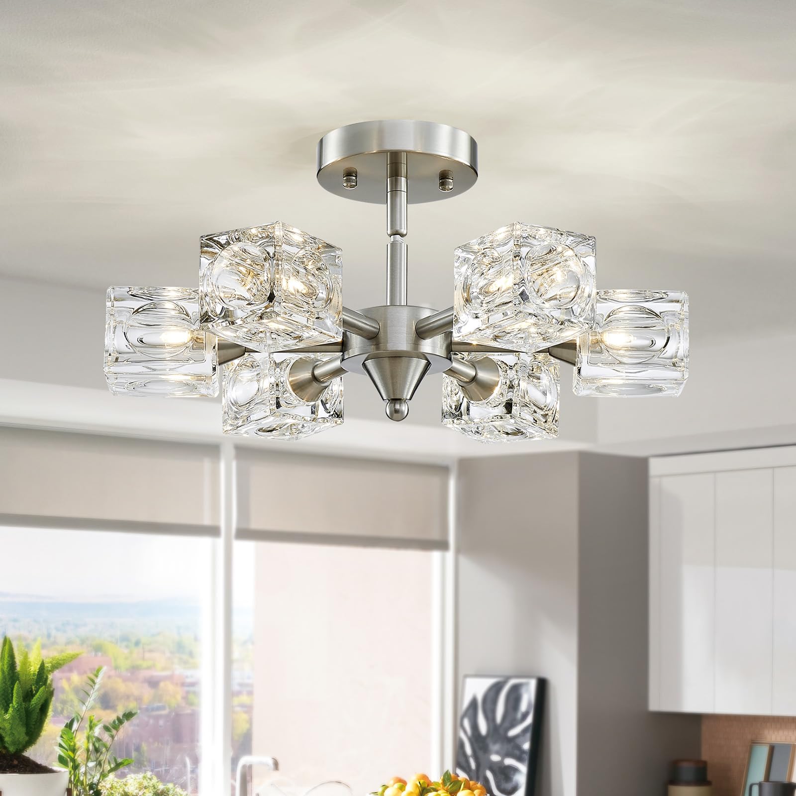 XINGQI 6-Lights Semi Flush Mount Ceiling Light Fixture,16.9'' Modern Chandelier Brushed Nickel Lighting Fixtures Sputnik Chandel