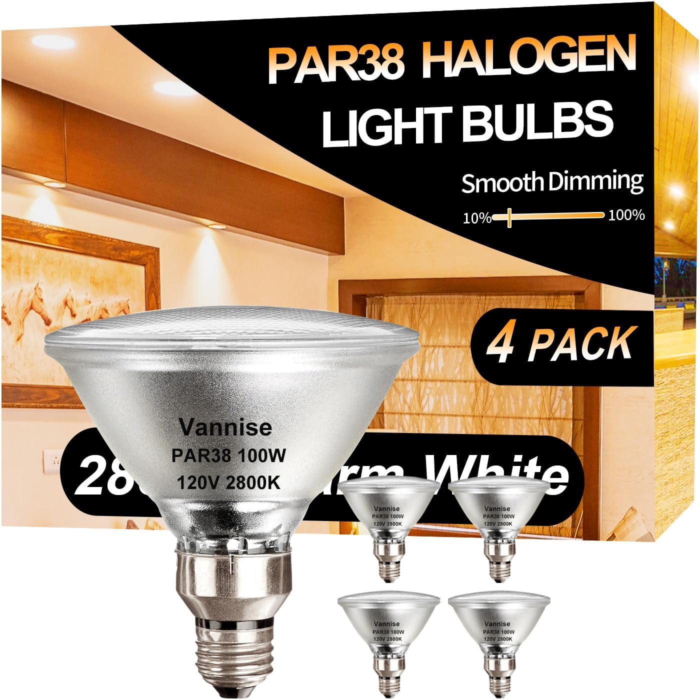 Vannise 4Pcs High Output 1800Lm Par38 Flood Light Bulbs, 100W Dimmable Warm White 2800K, E26 Base, Long Lasting Halogen Outdoor