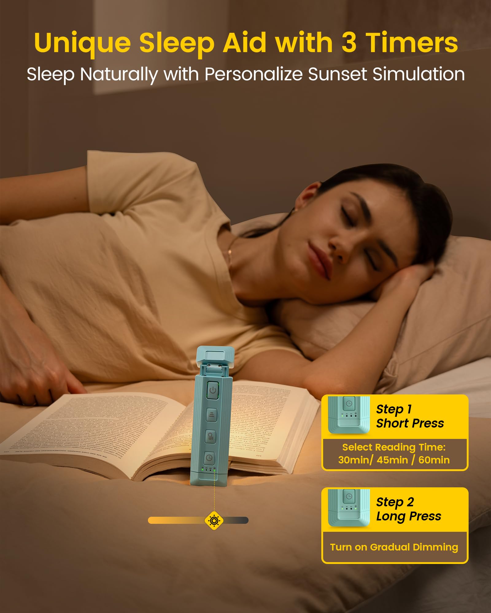 Glocusent Extendable Book Light - USB Rechargeable, 5 Brightness Levels, 3 Colors, Clip-On, Sleep Aid, Ideal for Reading in Bed, Blue