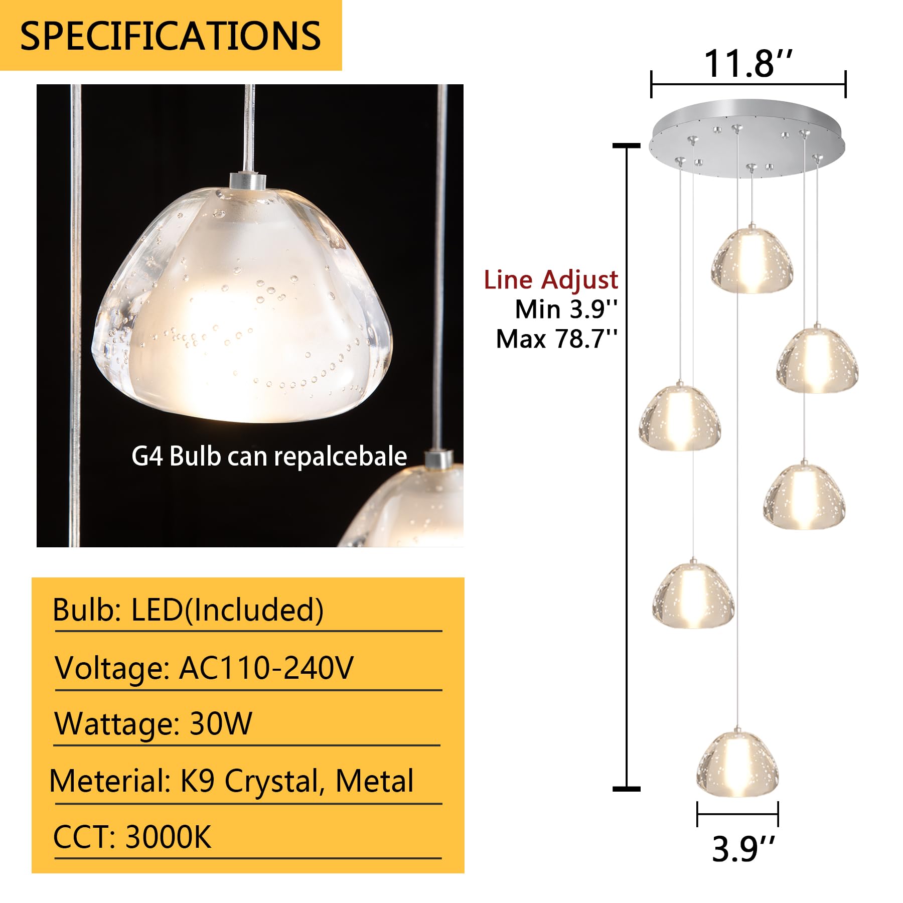 dolria 6-Lights Round Crystal Pendant Lighting, Modern Silver Chandelier for Dining Room, Bedroom, Foyer, Model PC0010, 3000K
