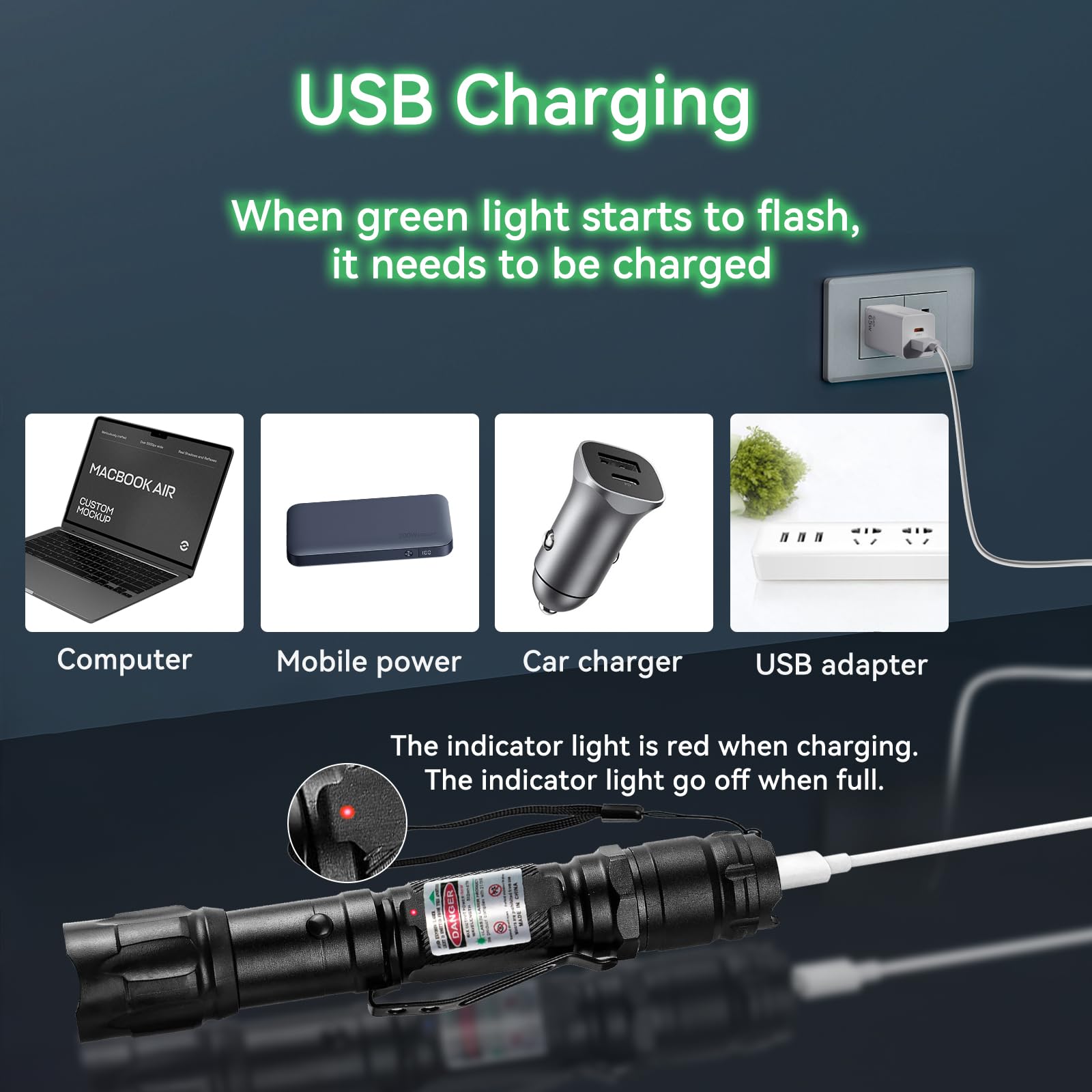 LETEAPII Green Light Flashlight - Long Range Tactical, Rechargeable, Adjustable Focus, Model GLS004, Black, 2 Packs