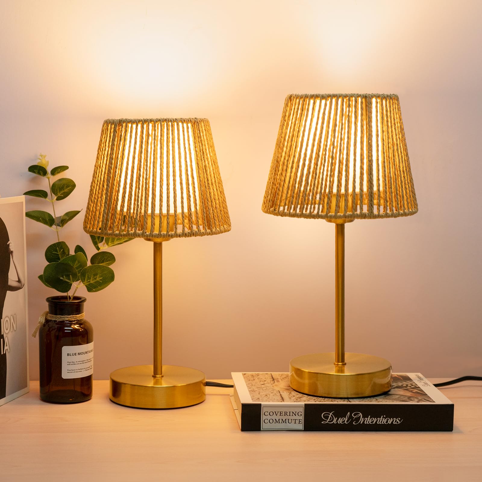 ONEWISH Touch Bedside Table Lamps Set of 2, 14.2in Gold, 3-Way Dimmable, Metal, LED Bulb Included, Model 13TAB150