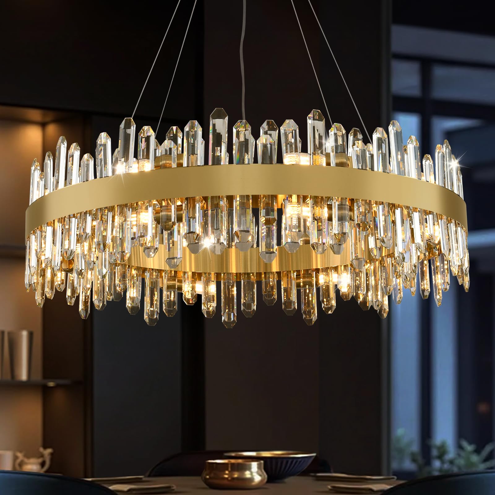 MDEGLYO Modern Crystal Chandelier  16-Lights Round Chandelier for Dining Room 2 Tiers  32 Gold Adjustable Raindrop Chandeliers for Bedroom  Dining Chandeliers Over Table for Living Room  Bathroom