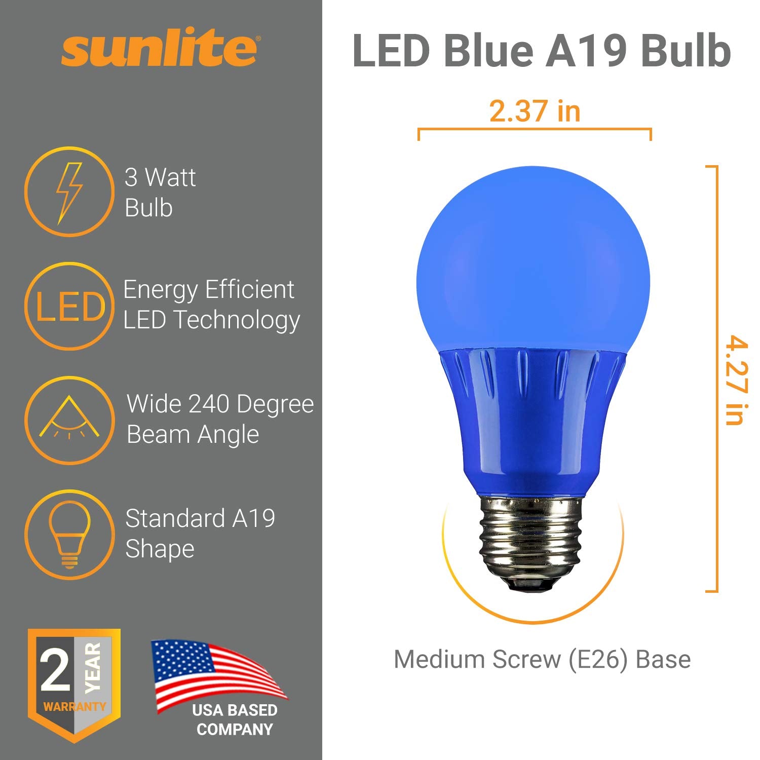 Sunlite A19 Colored Light Bulb, 3W (25W Equivalent), E26 Base, Non-Dimmable, Ul Listed, Blue, 1 Count