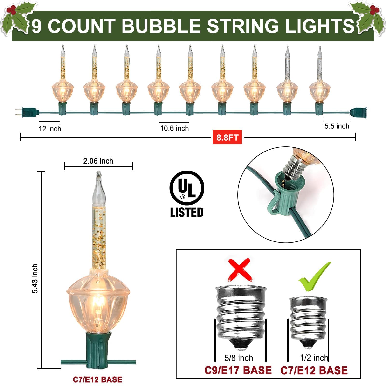 Aiyomt Christmas Bubble Lights - Gold Glitter String Lights, 10 Bulbs (1 Spare), C7/E12 Base, Traditional Holiday Decor