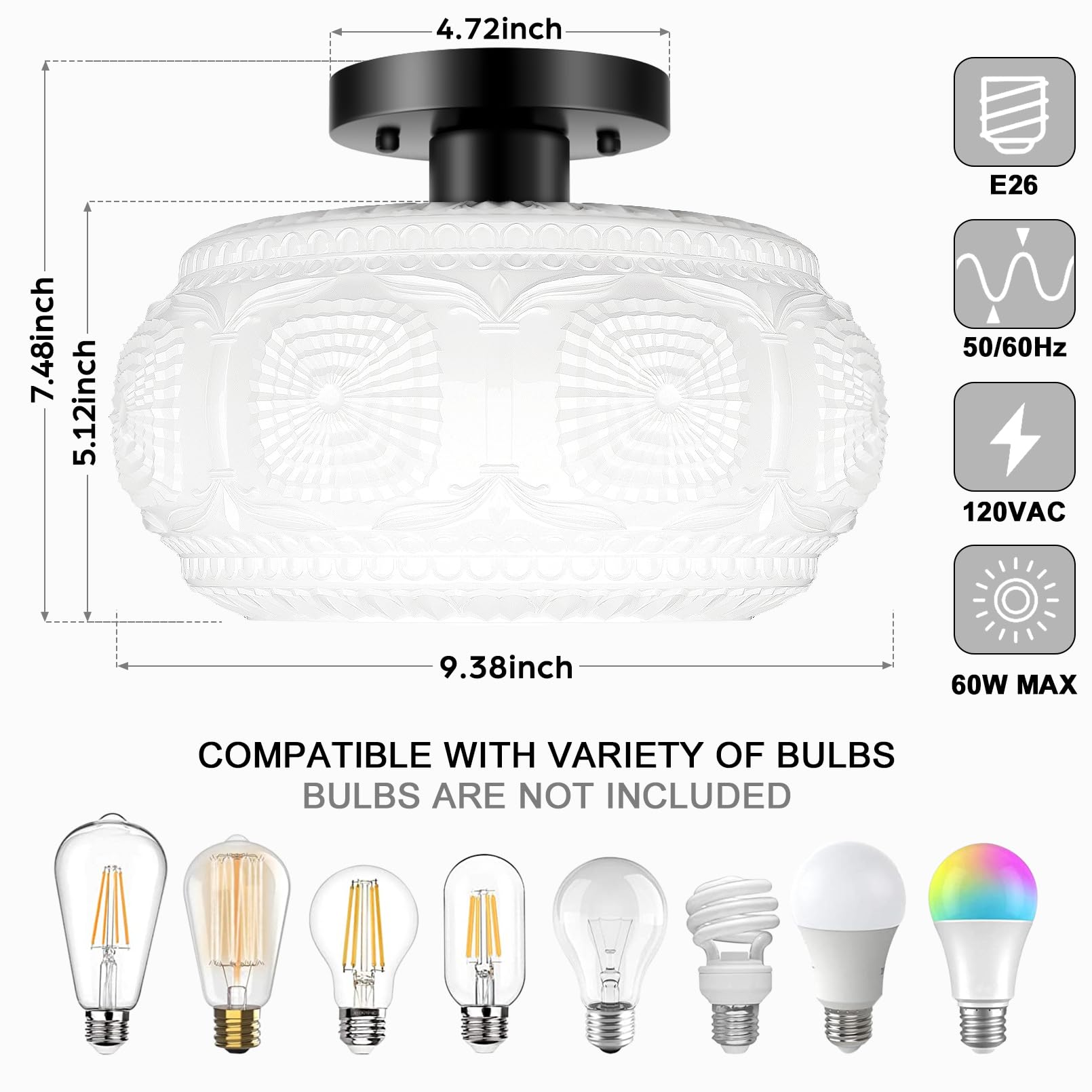 Oykyohei Semi Flush Mount Ceiling Light, Milk Glass Shade Modern Ceiling Light Fixture, Vintage Black Lighting For Hallway Bedro