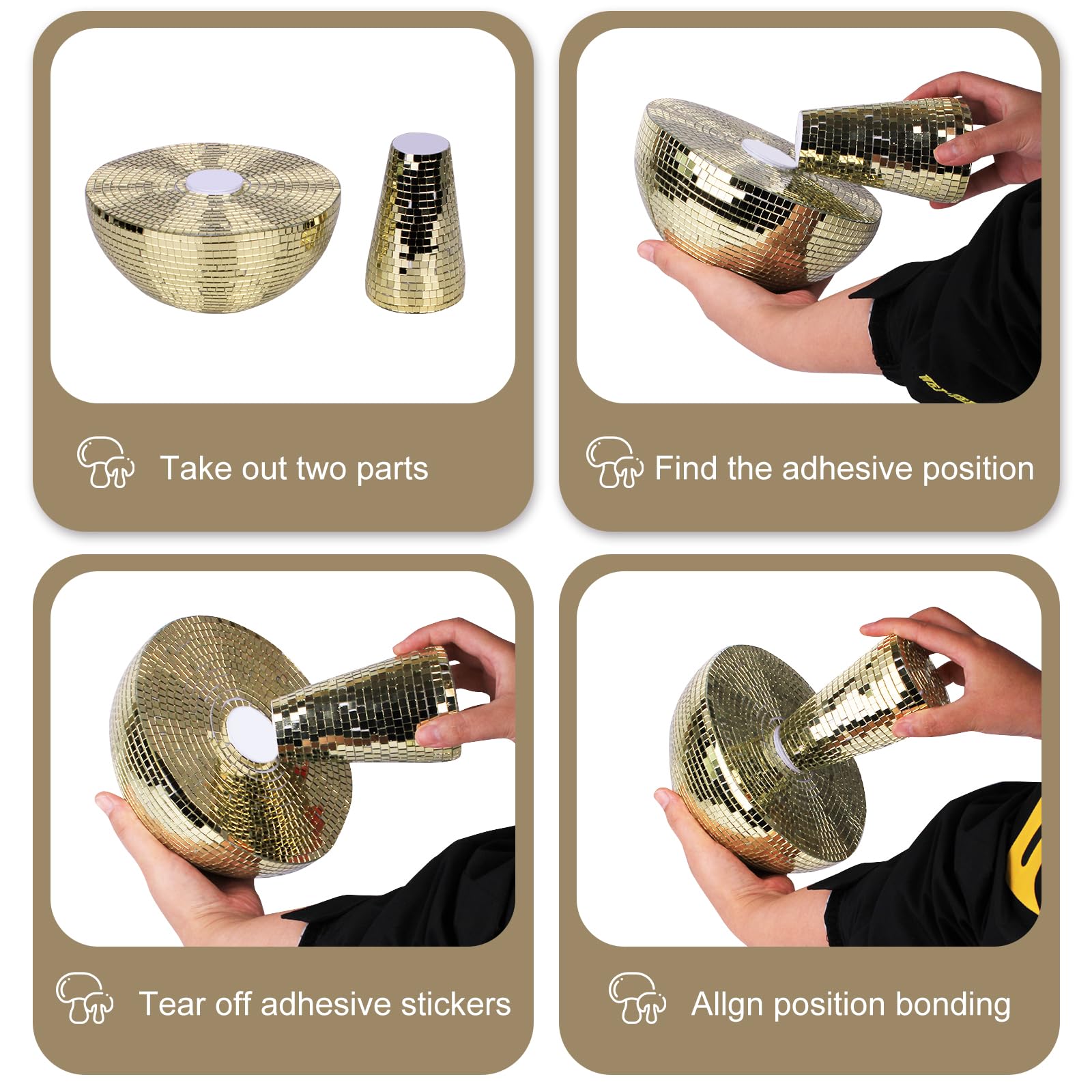 Yeehlmer Creative Mushroom Disco Ball For Party Table Decor Mirror Retro Handmade Disco Ball Mushroom Shape Home Art Decorations Bar Ornaments (Gold  L(8.3))