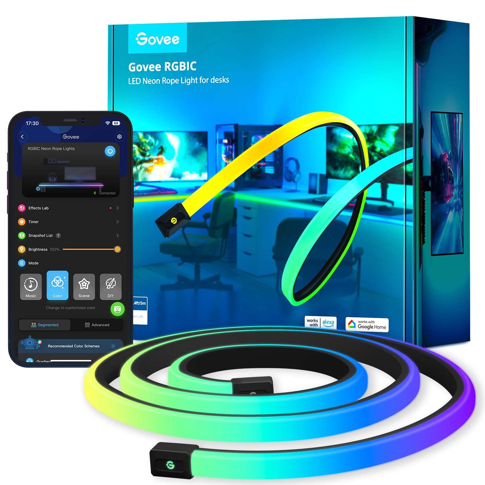 Govee RGBIC Neon Rope Lights for Desks, 16.4ft LED Gaming Desk Lights, Neon LED Strip Lights Syncing with Razer Chroma, Support 