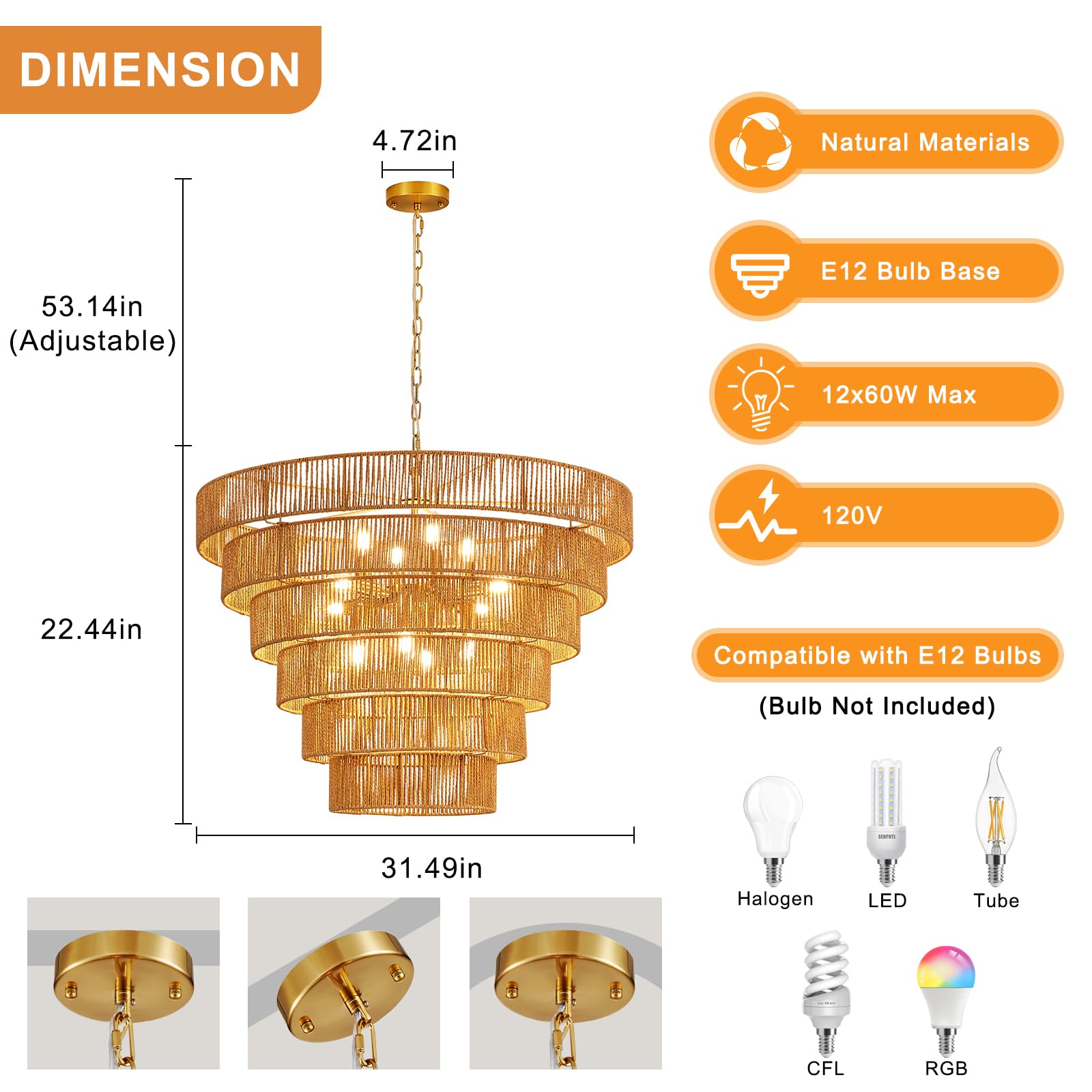 YOMECOO 31.49" Large Rattan Chandelier, Vintage Boho 12-Lights, Hand-Woven Bamboo, Rustic Gold Light Fixture for Dining Room, Kitchen