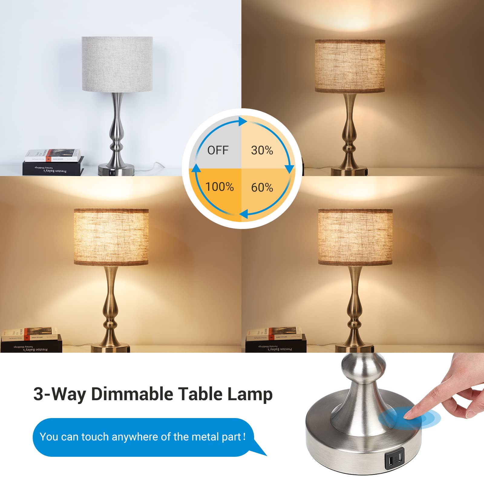 DEWENWILS Touch Control Table Lamp with 2 USB Ports, 3 Way Dimmable Bedside Lamp, Modern Table Lamp for Living Room, Bedroom, Of