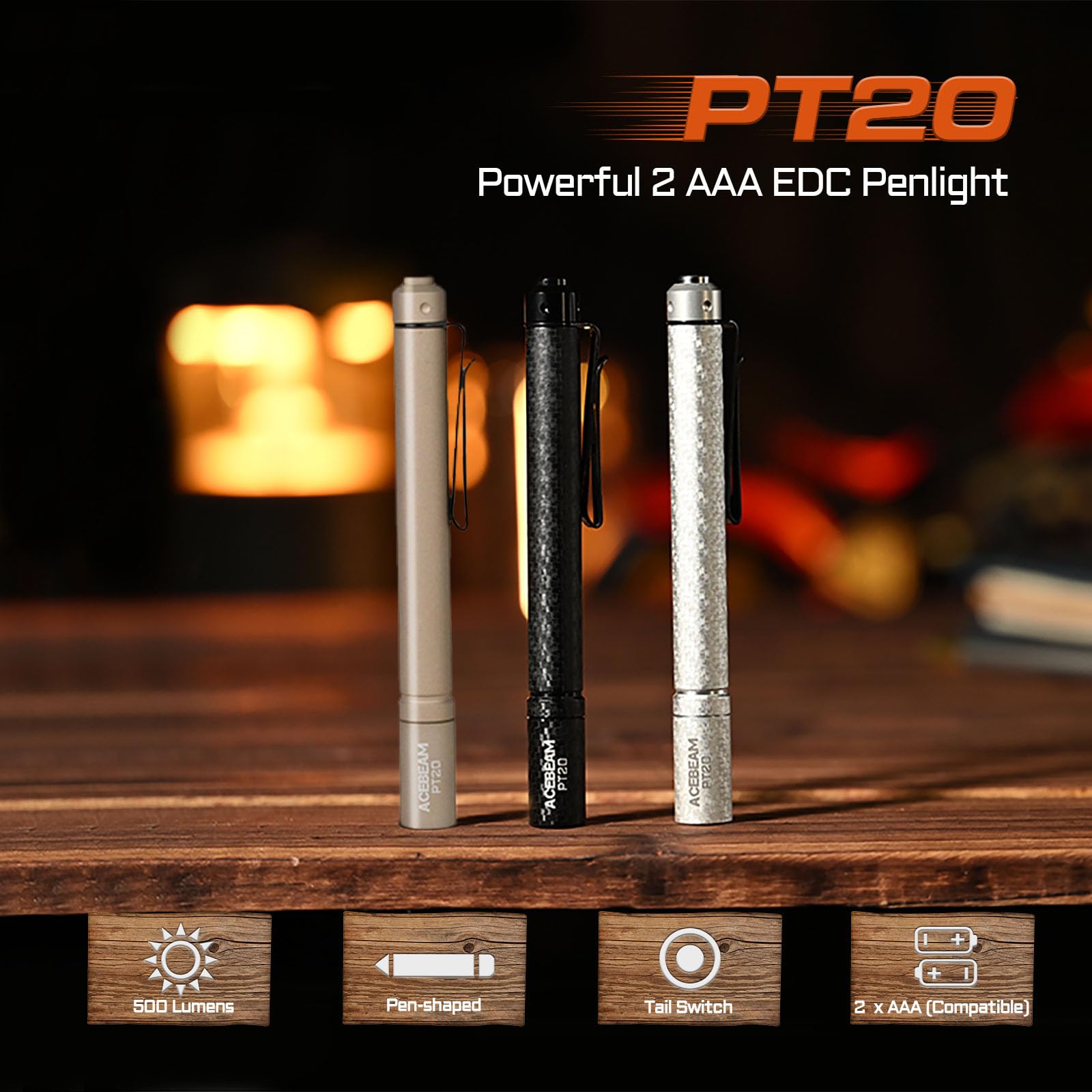 ACEBEAM PT20 Rechargeable EDC Flashlight - 500 Lumens, Compact Aluminum, Desert 6500K, Perfect for Camping & Emergency Use