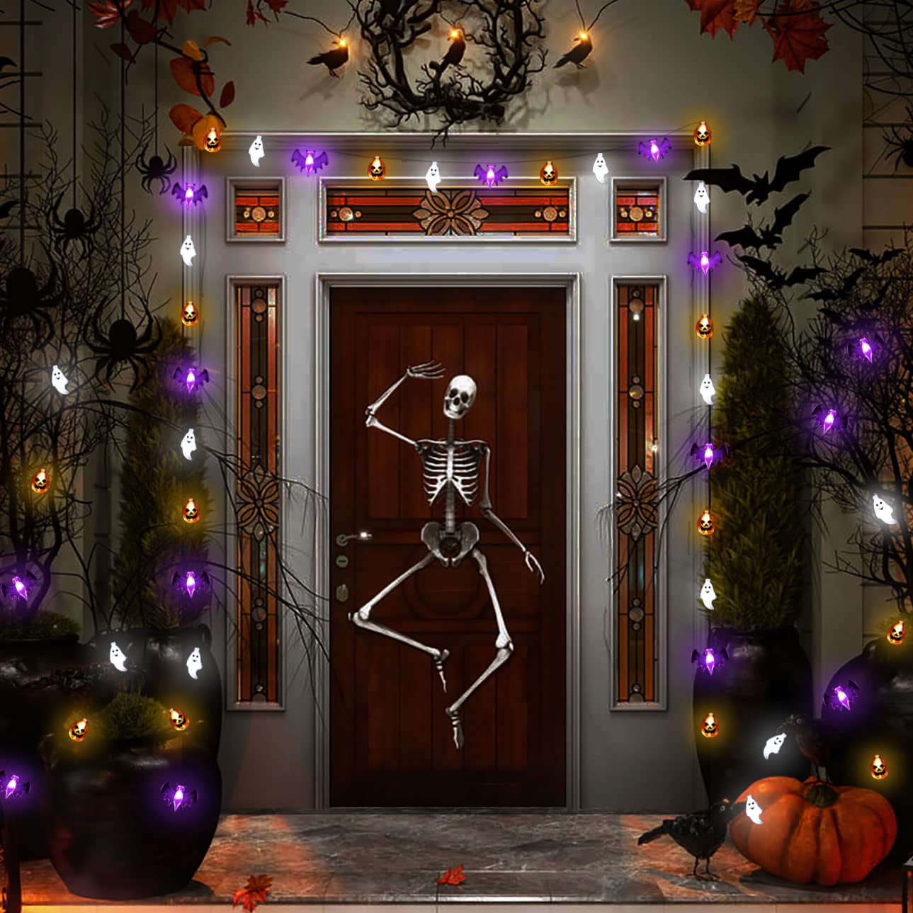 Zimati Halloween Lights, 16 FT 30 LED Waterproof 3D Pumpkin Bat Ghost String Lights, Battery Operated, 8 Lighting Modes, Orange-Cool White-Purple