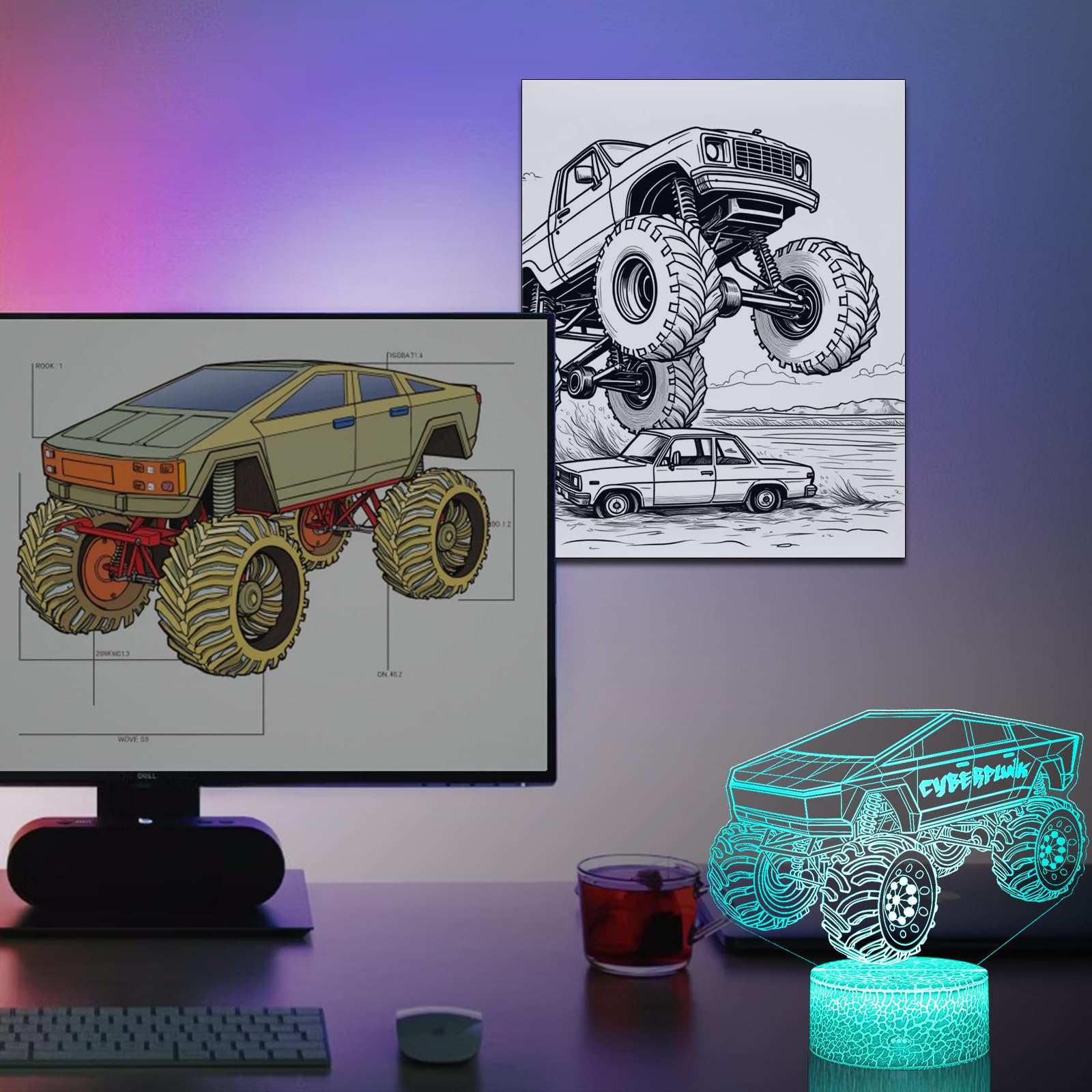 Cyberpunk Style Monster Truck Night Light for Boys Room Decor, 16 Colors LED Lights - Touch and Remote Control, Timer Tpye-C Dim