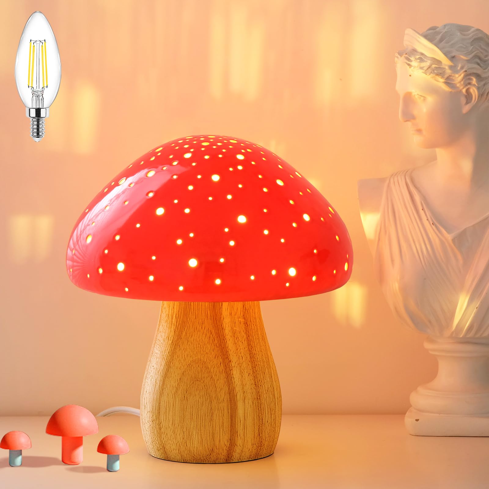 BOHON Mushroom Lamp  Ceramic Bedside Table Lamp for Bedroom Nightstand  Retro Vintage Red Night Light  Small Lamp for Living Room Desk Home Decor Aesthetic  LED Bulb Included  Red