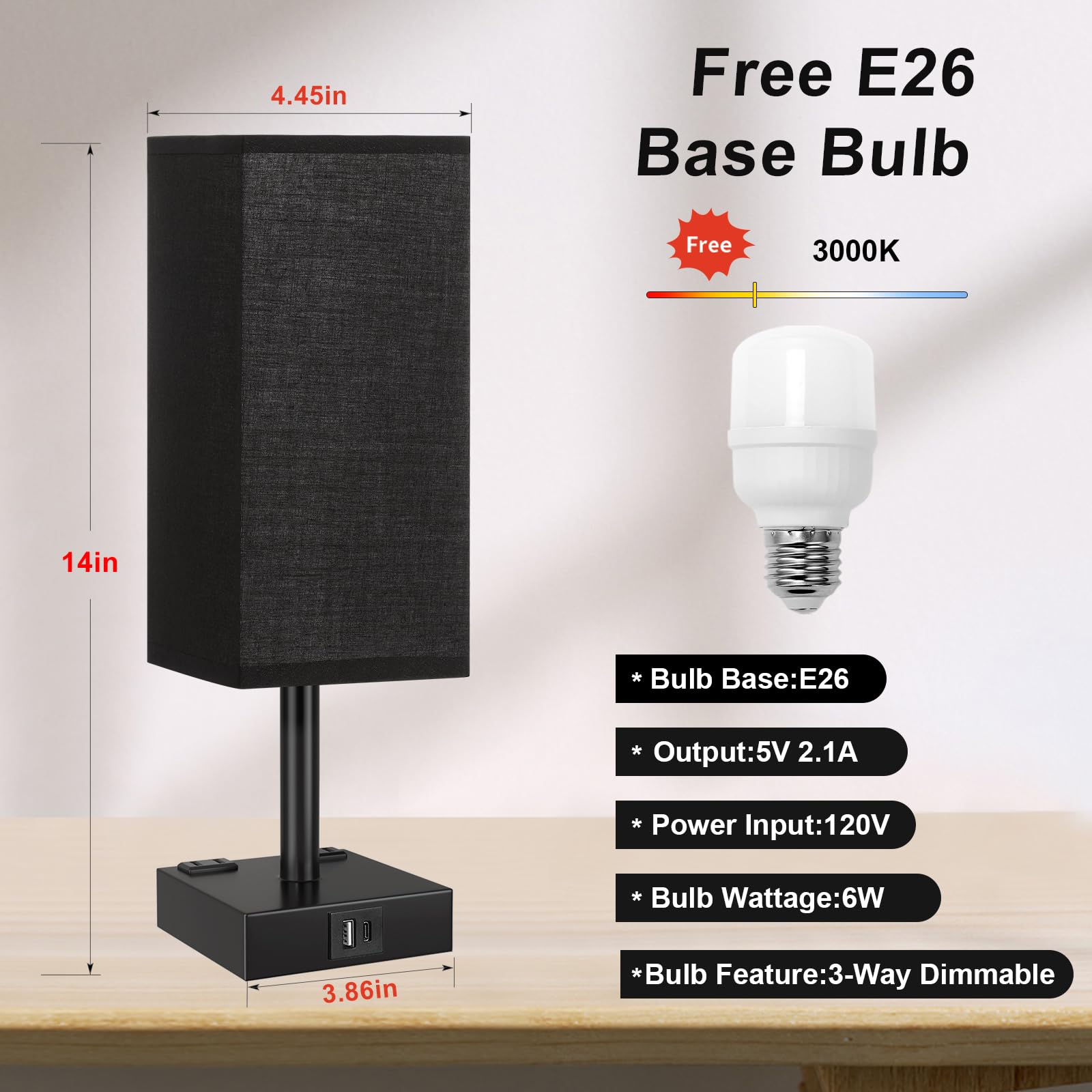 aooshine Touch Bedside Table Lamp - 3-Way Dimmable, USB A & Type C Ports, 14in, Black, Model 3-10