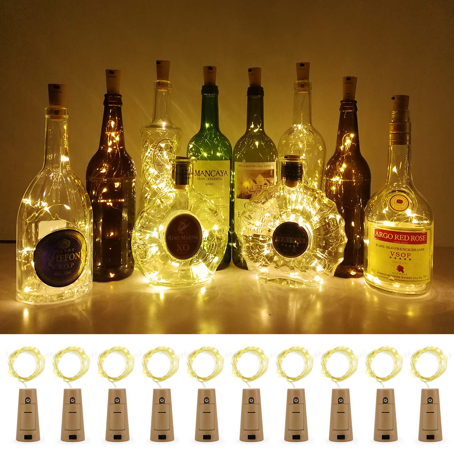 Aluan Wine Bottle Lights, 10 Pack 20 LED Mini Fairy String Lights, Waterproof Battery Operated, Warm White, Model BL00