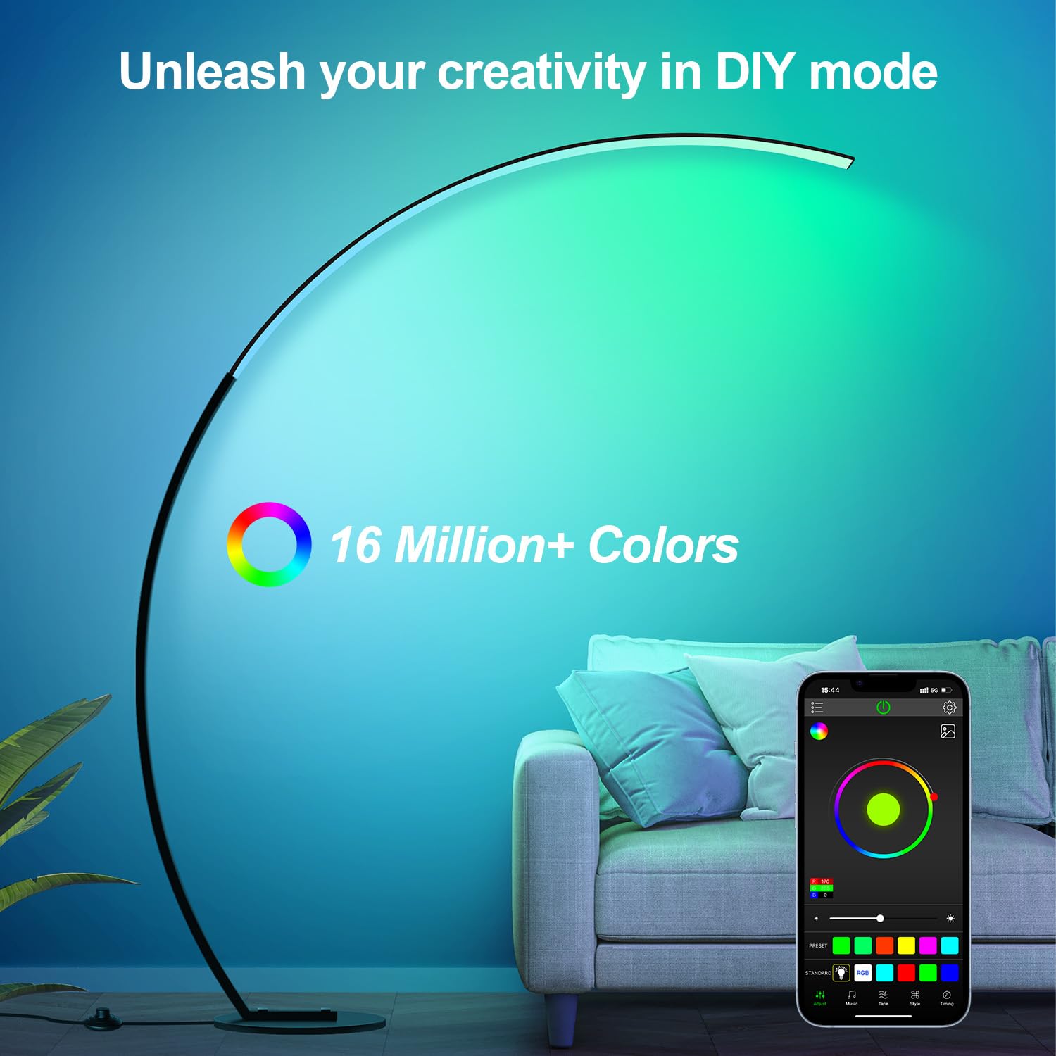 Nintiue RGB Floor Lamp - Ultra Bright 1800LM, Smart Arc LED, Music Sync, Matte Black-RGBCCT, Model F230017P1RGBCW, Perfect for Bedroom