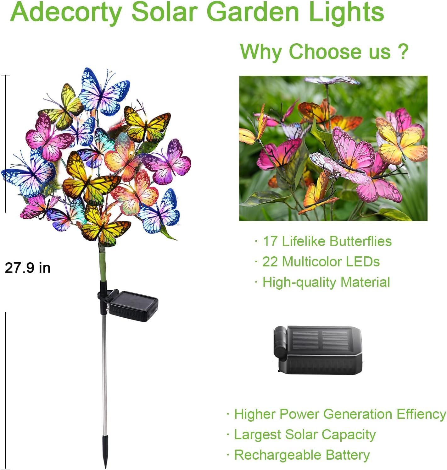 Adecorty Solar Garden Lights 176 LED Butterfly Design 8 Pack Waterproof Colorful Outdoor Decor