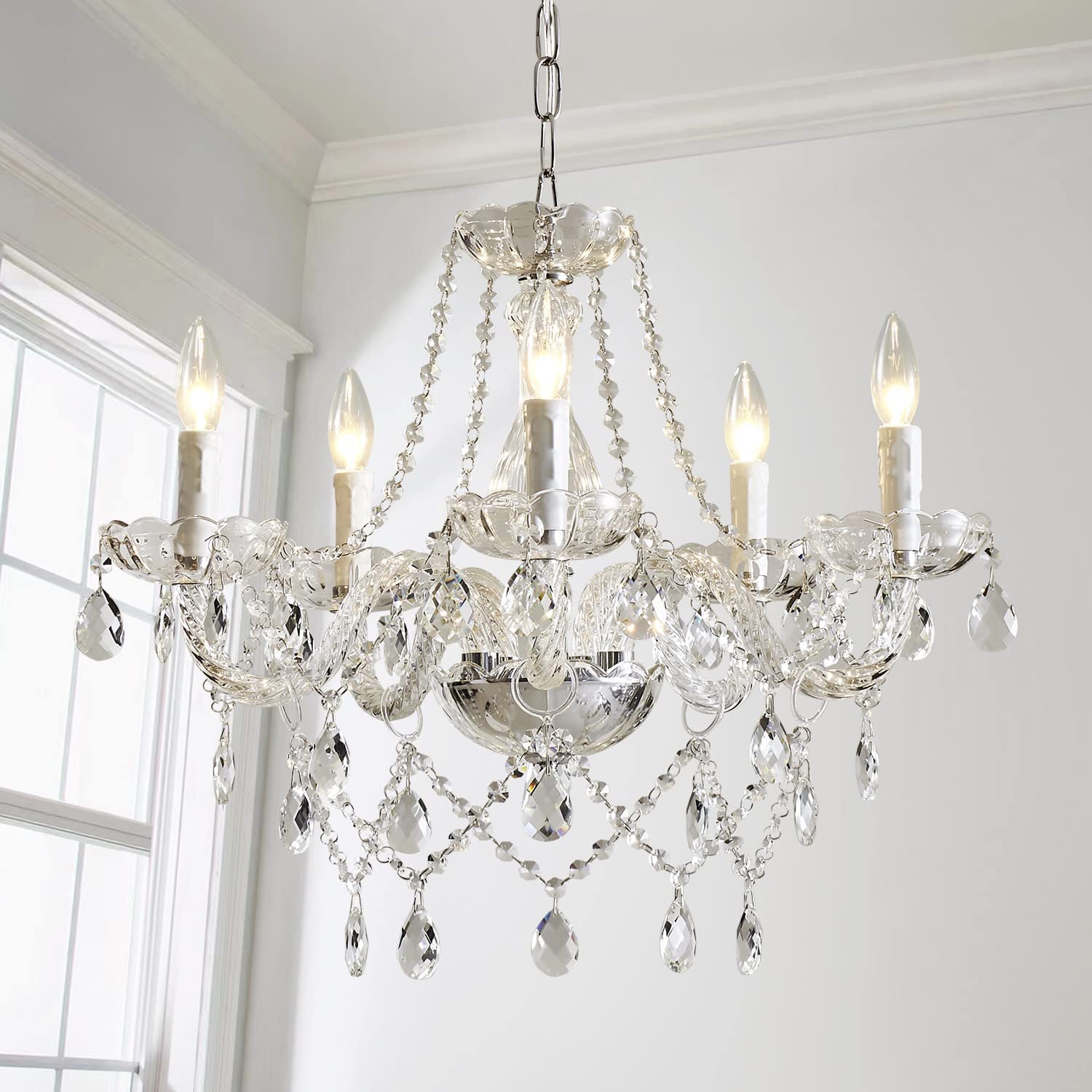 SM Saint Mossi 5-Light K9 Crystal Glass Chandelier - Modern Pendant Ceiling Fixture, Clear Finish