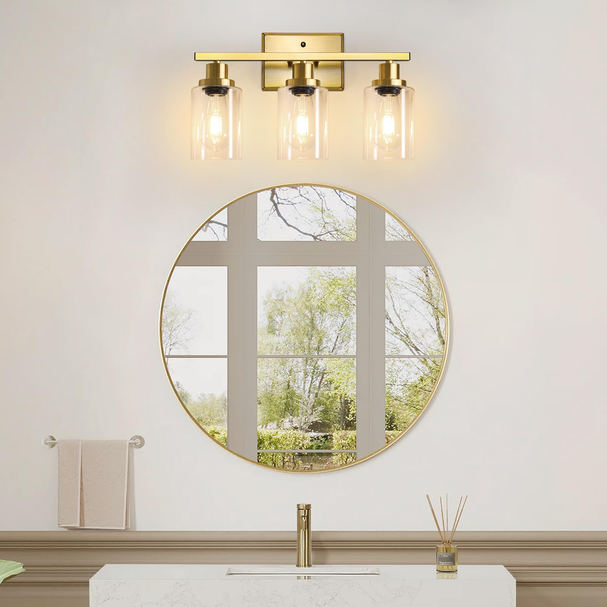 Ascher 3 Light Bathroom Vanity Light Fixtures, Gold Wall Sconces with Clear Glass Shade for Mirror, Kitchen, Living Room