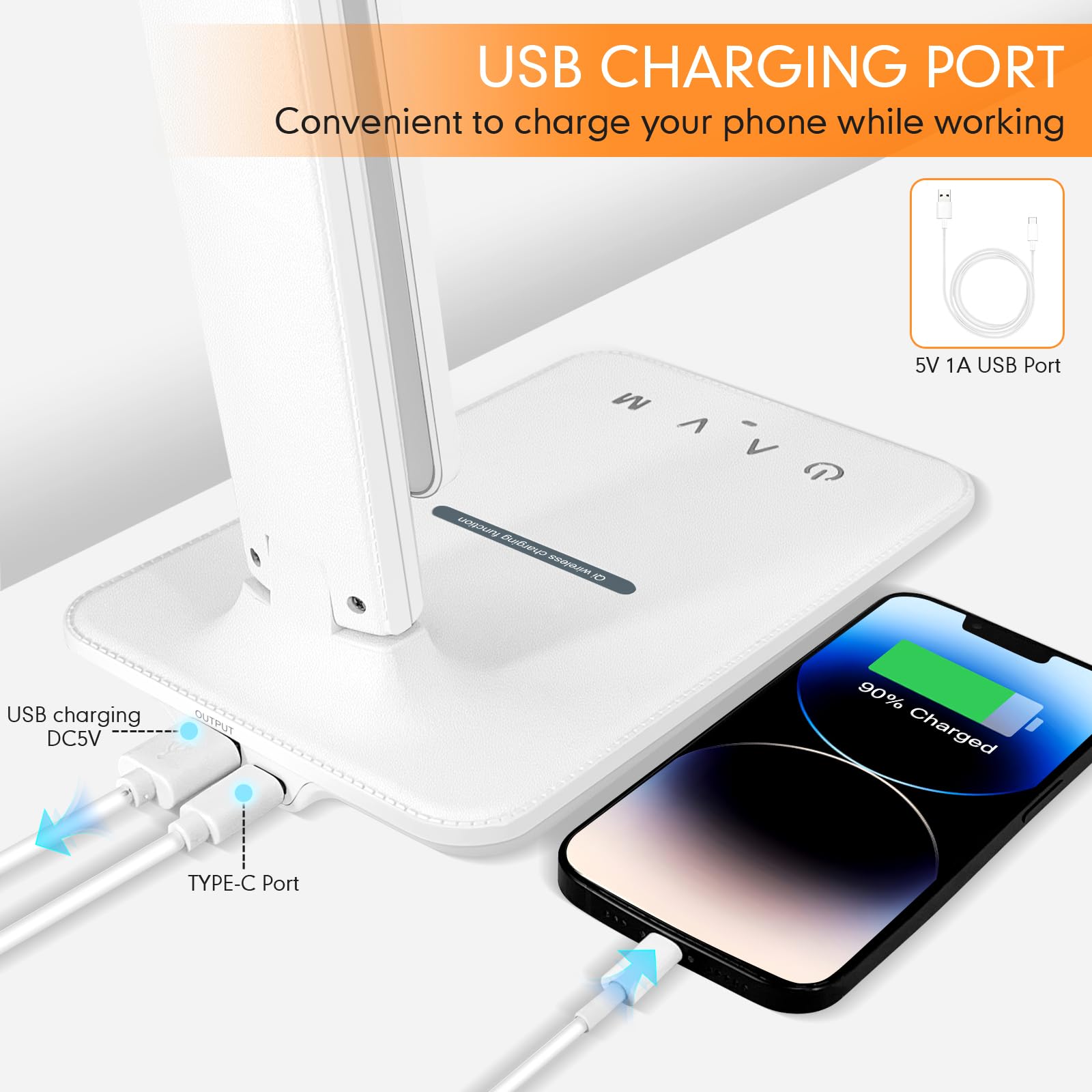 White Crown Led Desk Lamp With 15W Wireless Charger & Usb Port, Dimmable Table Lamp With 5 Lighting Modes, Sensitive Touch Contr