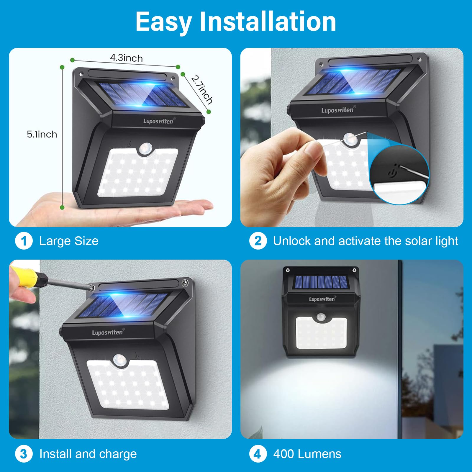 28 Leds Solar Lights Outdoor, Luposwiten Solar Motion Sensor Lights Wireless Security Lights, 400 Lumen Waterproof Solar Powered