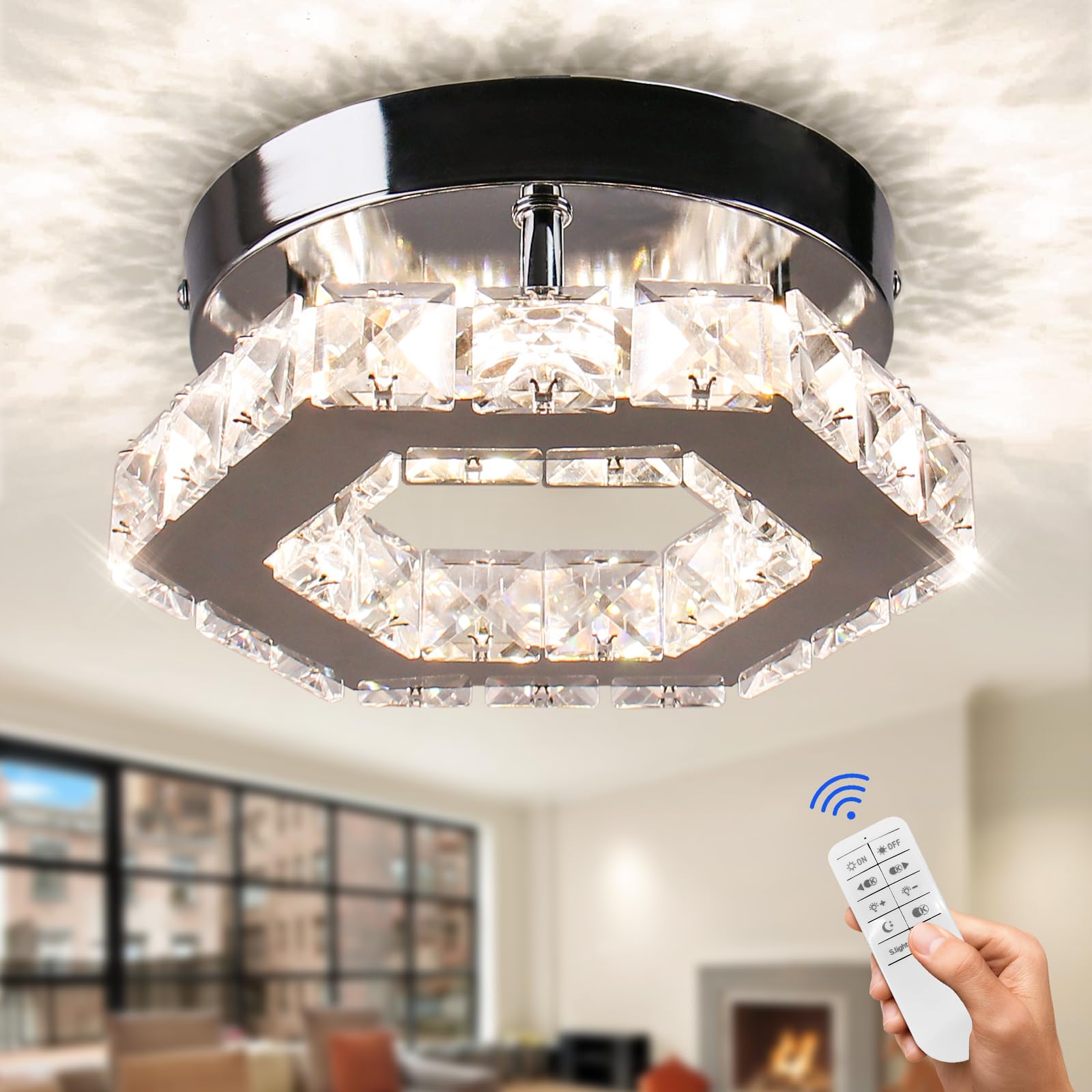 Cainjiazh Dimmable Crystal Chandelier Mini LED Flush Mount Ceiling Light Fixture Modern Chandelier Lighting Lamp for Bedrooms Ha