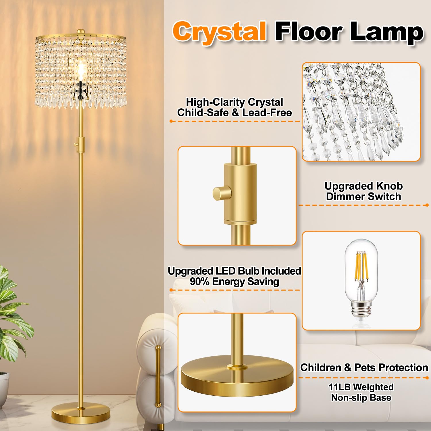 Yemela Dimmable Floor Lamp with 1000LM LED Bulb, Brushed Gold, Tall Standing Light for Living Room, Model YX066