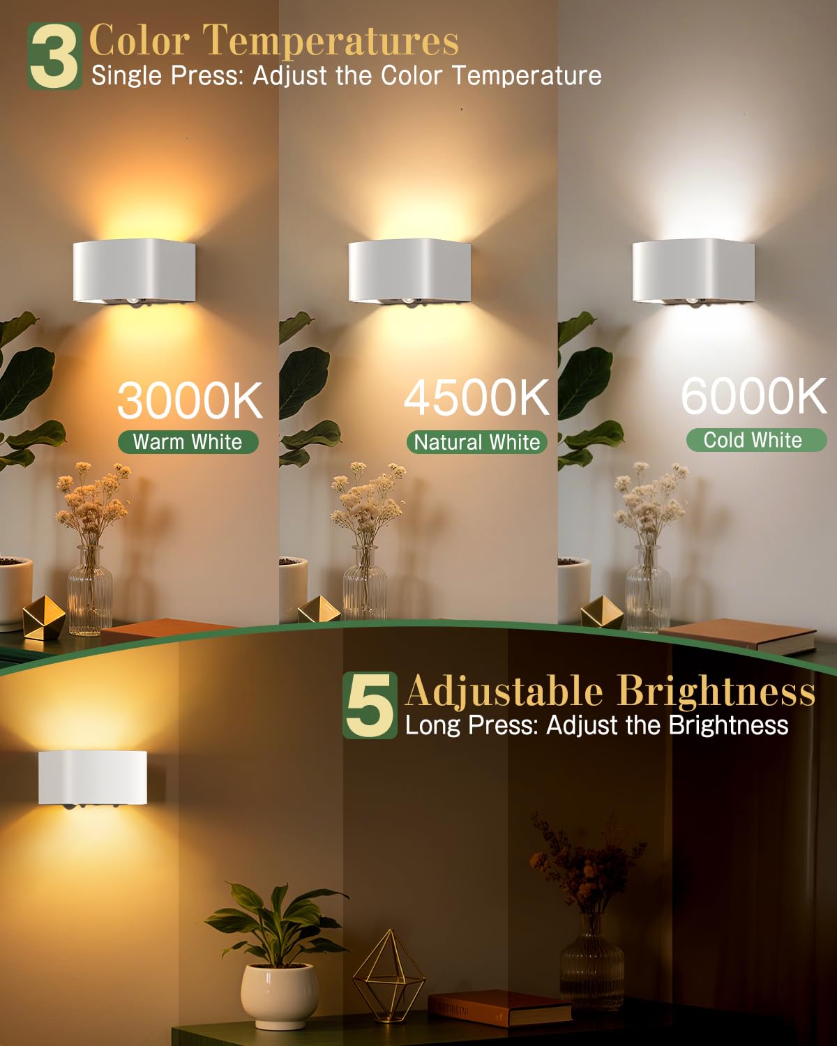 TOBITAI Wall Light Motion Sensor, 2 Pack LED Sconces with Remote, 3 Colors Brightness, Rechargeable Battery, White, Model WL04