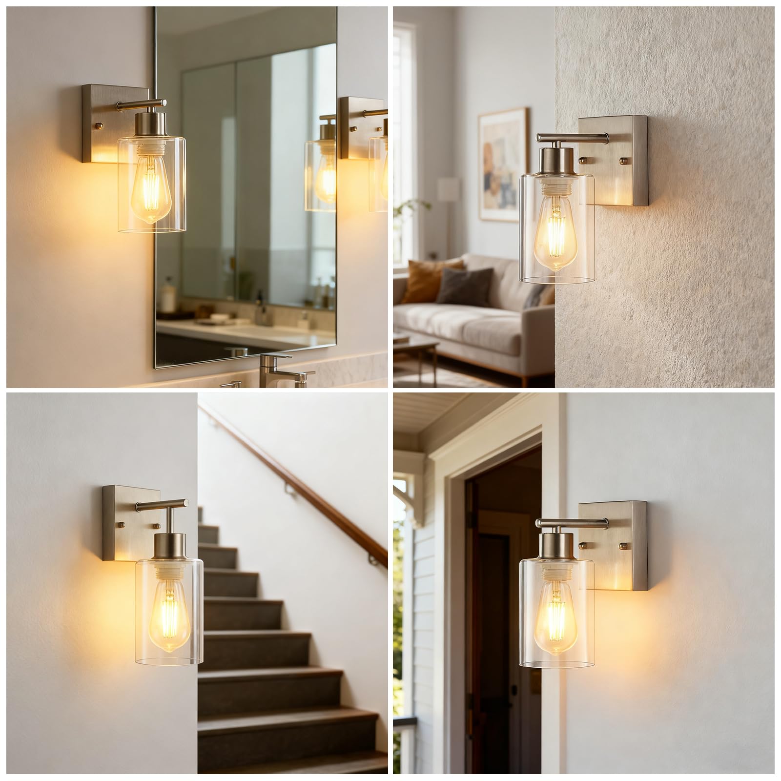 2-Pack Bathroom Wall Sconces  Brushed Nickel Vanity Lights  Modern Wall Light Fixture With Clear Glass Shade  Farmhouse Wall-Mount Lighting Lanterns  Wall Lamps For Mirror Living Room Bedroom Kitchen