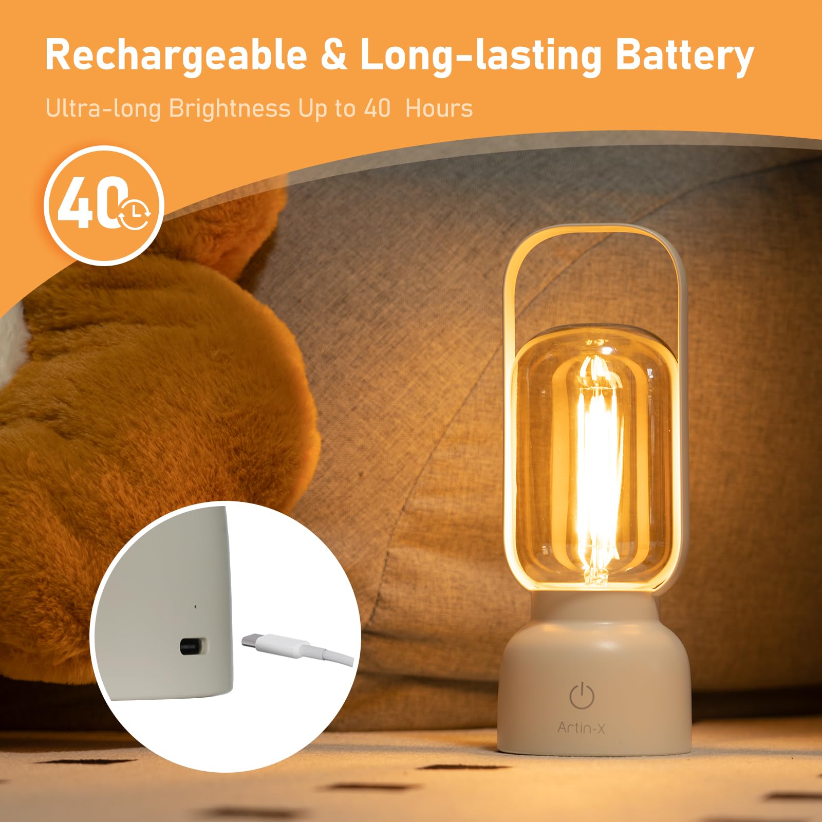 Artin-X Retro Cordless Lantern Table Lamp, 40 Hours Long Lasting Dimming Night Light, Small Rechargeable Battery Operated Light