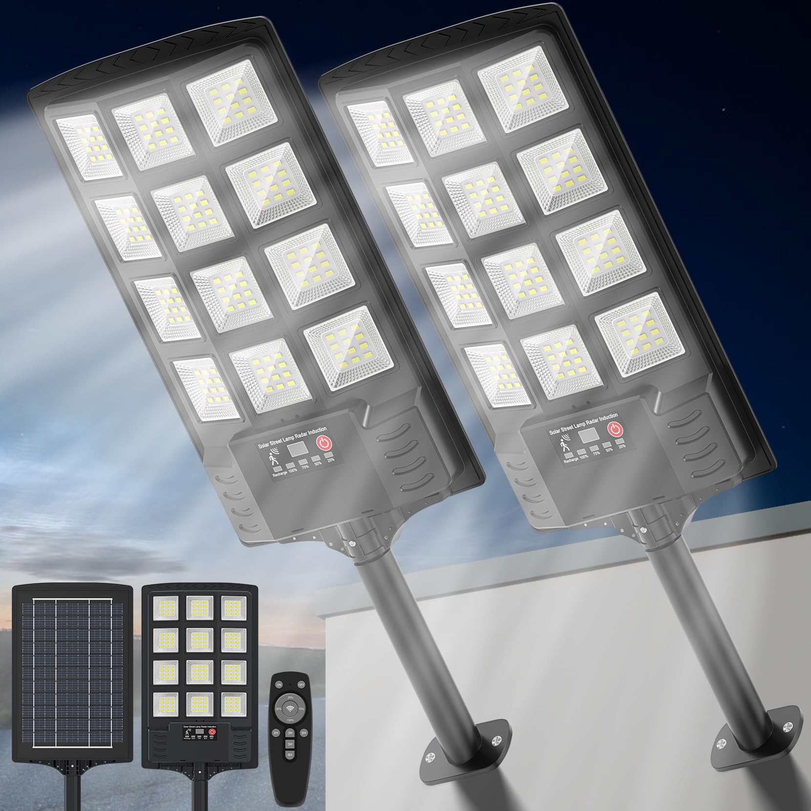 Heisolcool Solar Street Lights Outdoor Waterproof, 20000LM 320 Wide Angle Flood Light, LED Solar Parking Light with Motion Senso