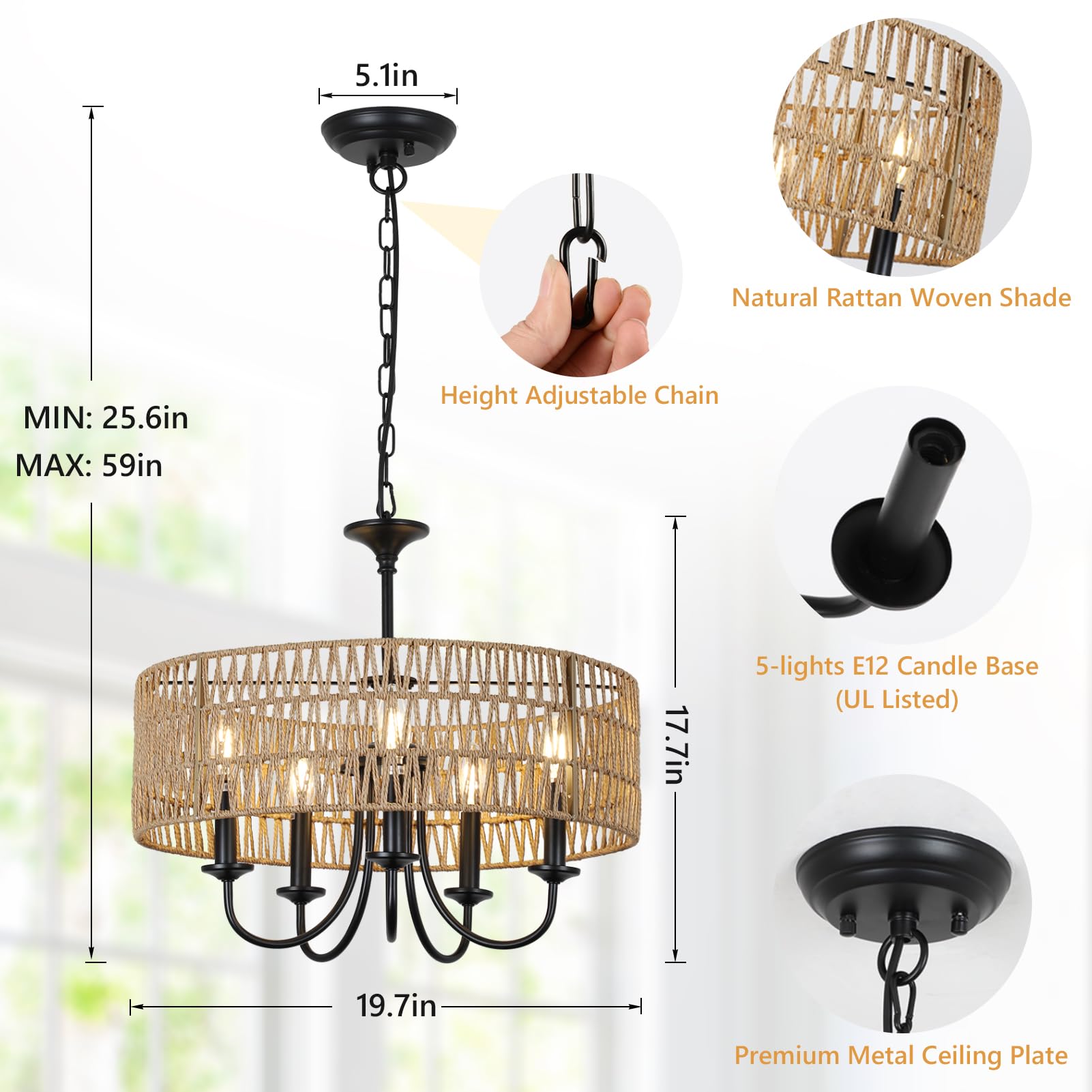 LAMSU 5-Light Modern Farmhouse Chandelier, Black Rattan Pendant Lighting for Dining Room, Kitchen, Living Room, Model 230905A1