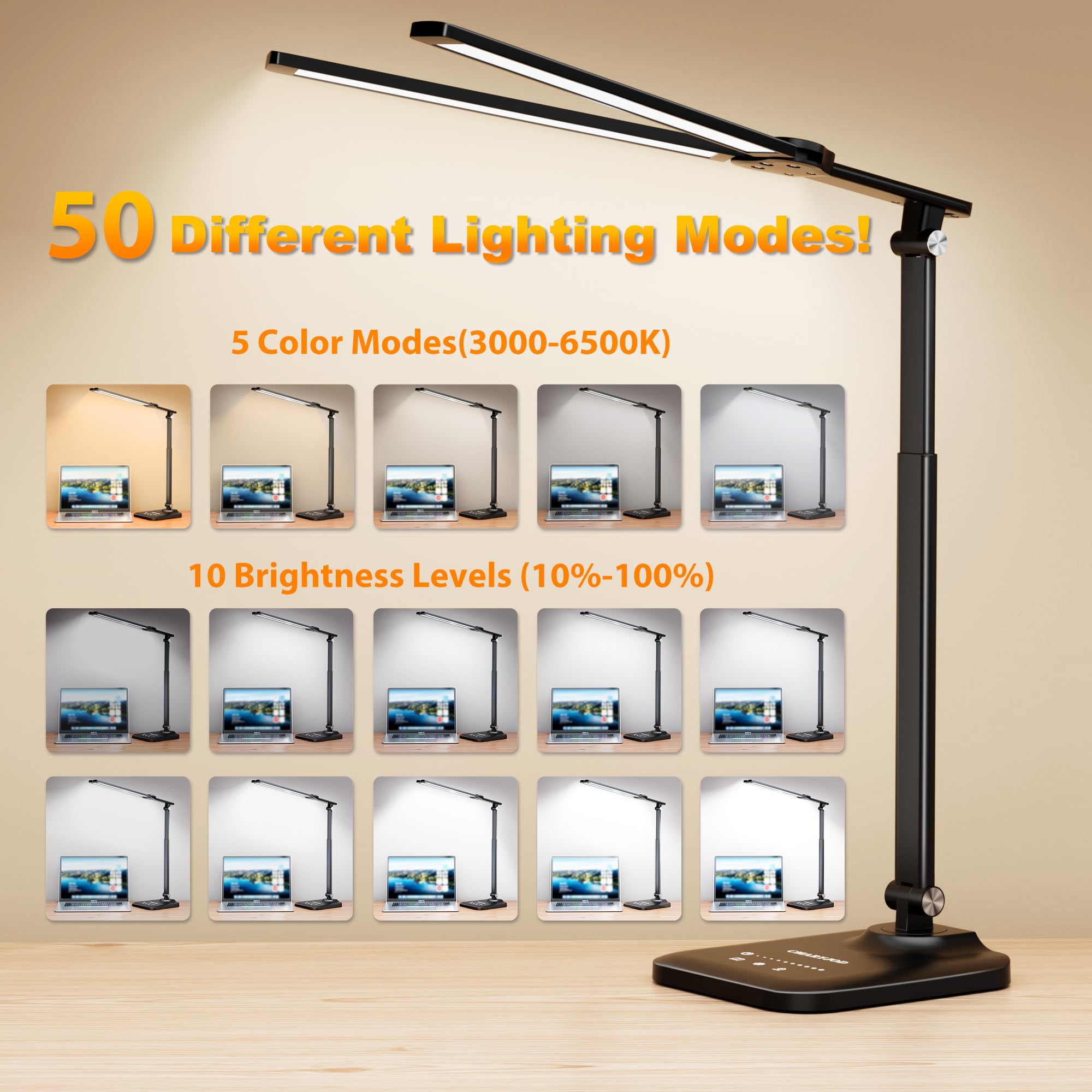 CHARYJOD LED Desk Lamp - Height Adjustable, Stepless Dimming, USB Adapter, Black, Model JB007