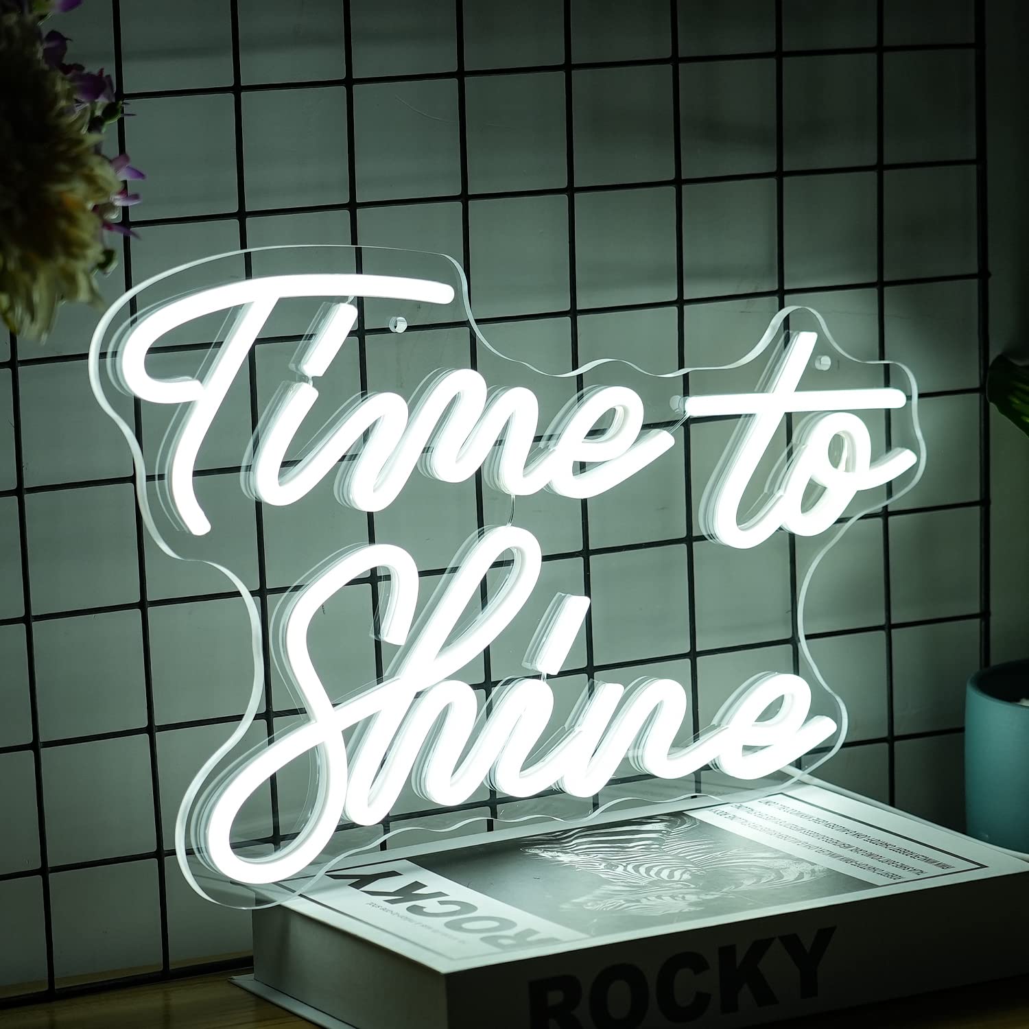 LISIGNVE Neon Sign - Time To Shine LED Wall Decor, Dimmable, USB Powered, White, 16.5in x10.2in