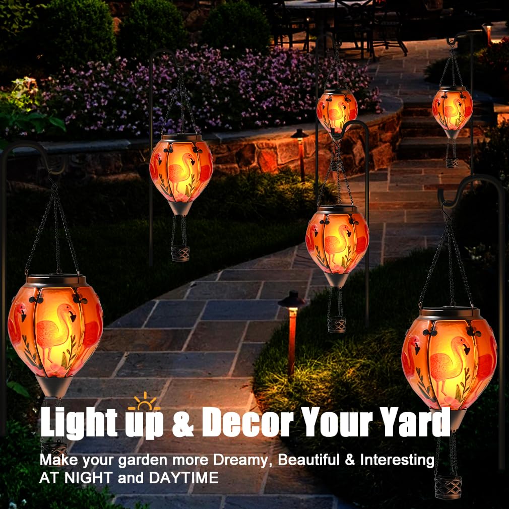 Hot Air Balloon Solar Lantern - Flamingo Stained Glass Lantern  Simulated Flickering & Dancing Flame  Outdoor Hanging Yard Light Waterproof Ip65 For Patio Lawn Porch Decor Gift