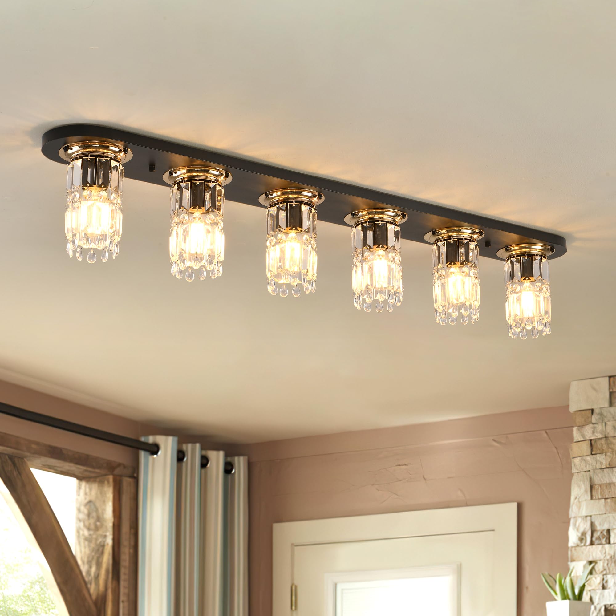 Garwarm 47.24 Inch Modern Crystal Flush Mount Ceiling Light Crystal Chandelier Black Dining Room Light Fixture Long Ceiling Lamp