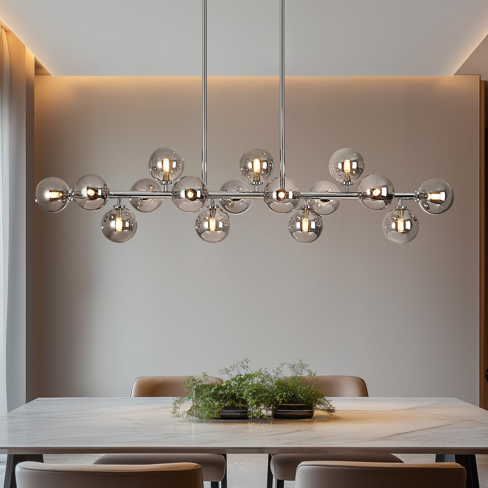 PiWWPi 55 Inch Long Chandeliers for Dining Room Kitchen Island, Large Globe Sputnik Linear Chandelier, 16 Lights Mid Century Mod