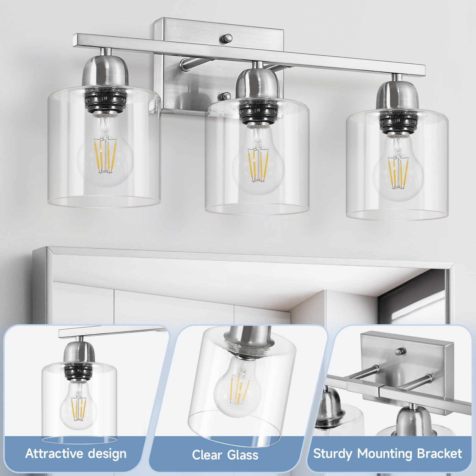 Faishilan Modern Brushed Nickel 3 Light 19 Inch Vanity Lights For Bathroom With Clear Glass  Bathroom Lighting Fixtures Over Mirror For Mirror Kitchen Living Room Hallway Cabinet Porch