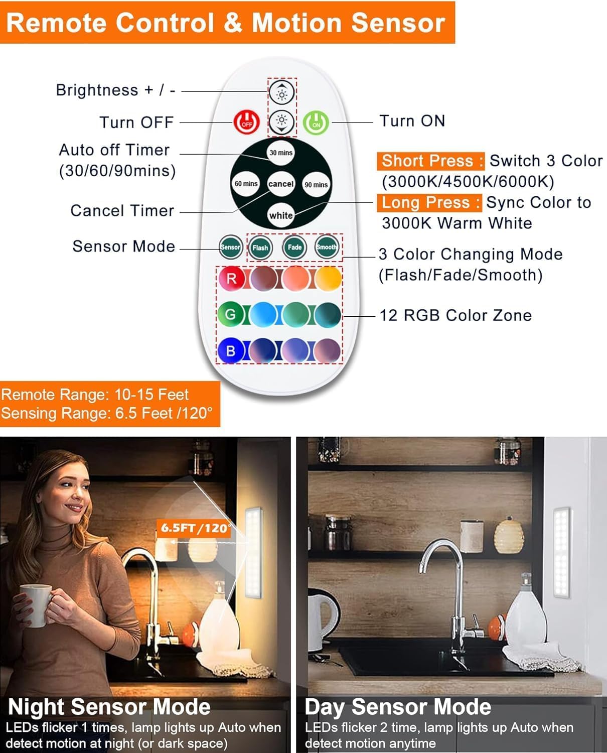 Diomart Wireless RGB Under Cabinet Lighting, 58-LED Motion Sensor Night Light, 4 Pack, Rechargeable, Multicolor